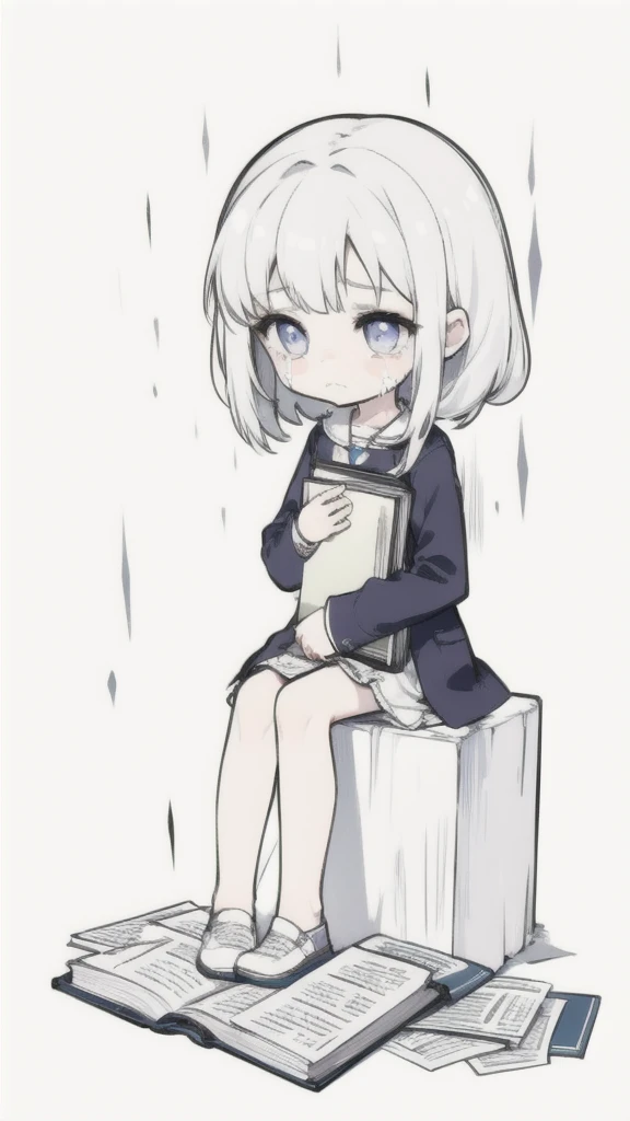 best quality, chibi, 1 girl, (full body), Pure white background,Vivid,clearly,sad face,rain,Sit down,holding a book in hand,cry