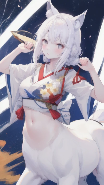 (best quality, masterpiece), 1 girl, centaur, It takes, White skin, Japanese , exposing the abdomen,belly button t-shirt, 아름다운 소녀 perfect wolf photo, perfect wolf photo