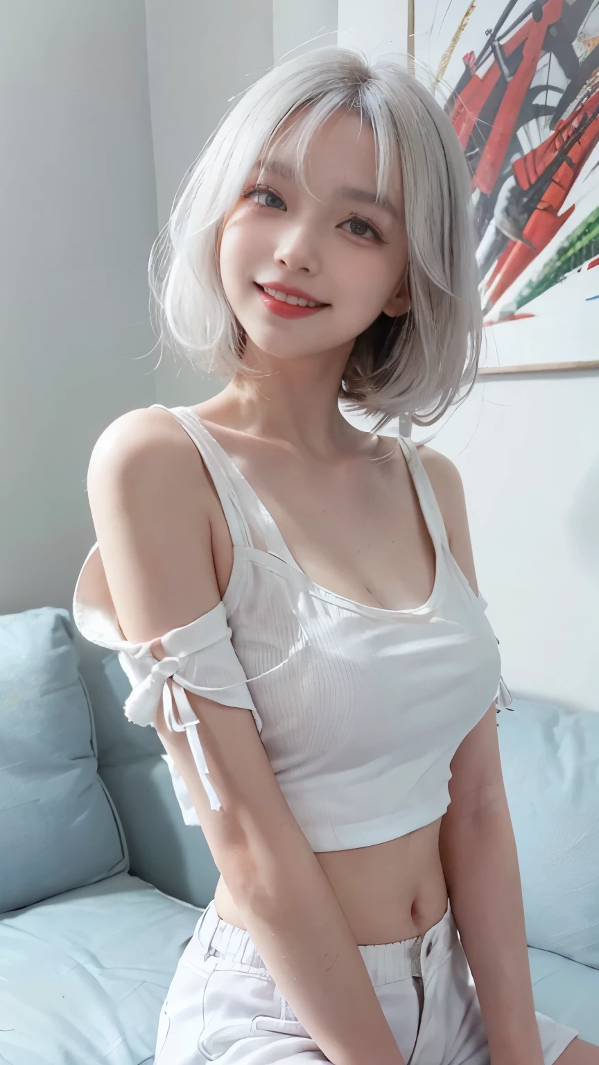 Best image quality、RAW Photos、超A high resolution、21 year old Korean、Small breasts、Small breasts、Dynamic Angle、Cowboy Shot、Chaos in its most beautiful form、elegant、Brutalist Design、Beautiful white hair、Vibrant colors、Short Bob、smile、fun、smile、Glowing White Skin、Beautiful eyes with random colors、Very thin lips、Beautiful eyes in every detail、length, Narrow eyes、Pale pink blush、length eyelashes、Beautiful double eyelids、eye shadow、Bright white hair、sofa、Large short-sleeved shirt、Transparent top、See-through、hot pants、Shooting from the side、Sleep on your back、Full Body Shot、Hand gestures