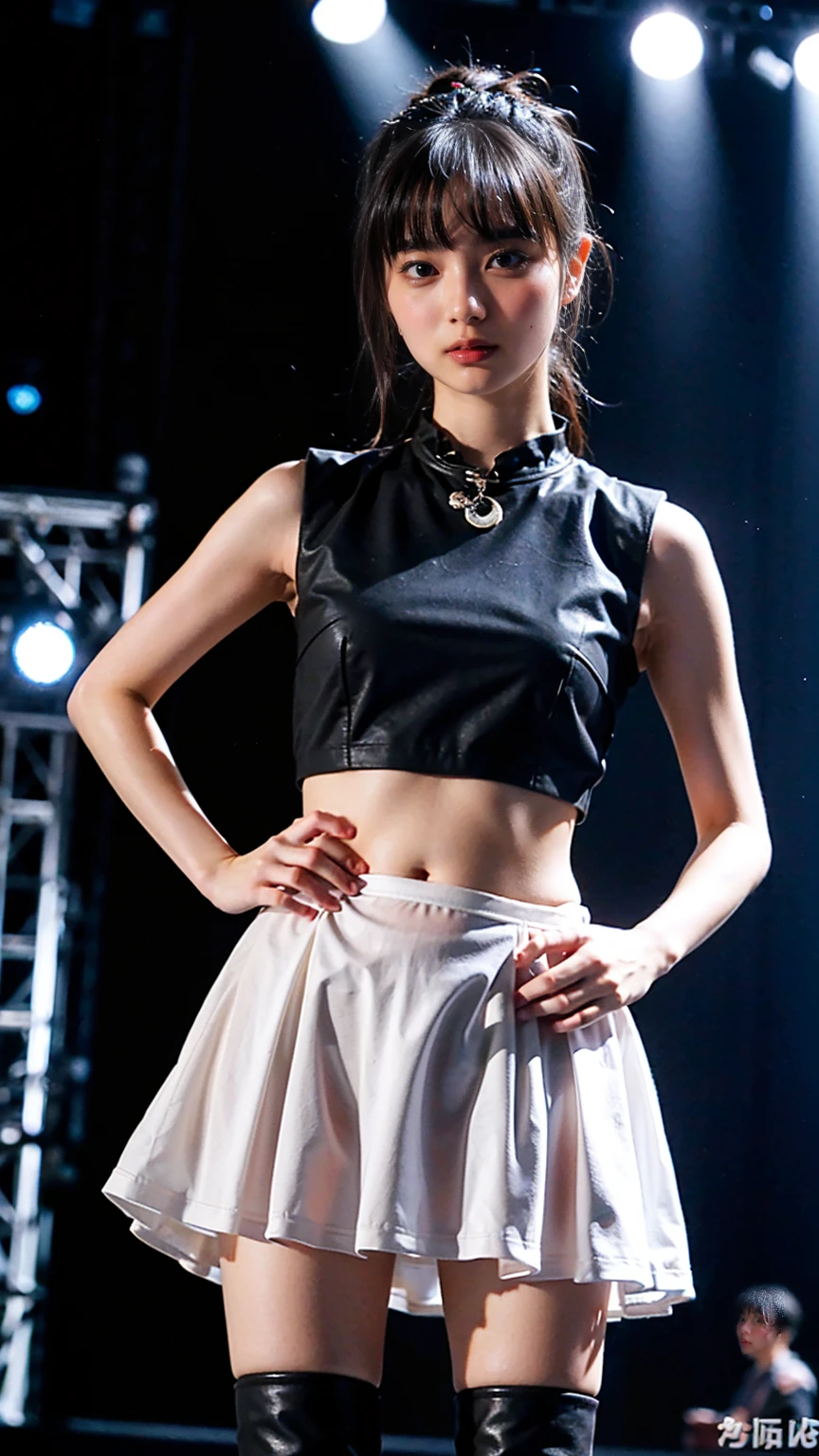(8k、RAW Photos、highest quality、masterpiece:1.2)、(Realistic、Realistic)、1 girl、((Frilled mini skirt、Large Breasts、Black and white、See-through、belly button、boots、Sleeveless、stage、Spotlight、View from the front、Standing with hands on hips))、