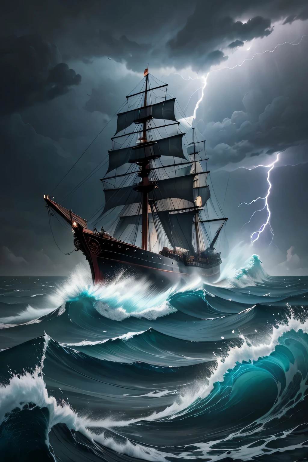 Colored Water,Chinese painting style,Gray tones,dangerous seas,A ship,Lightning and lightning,turbulent waves,night,Strong winds