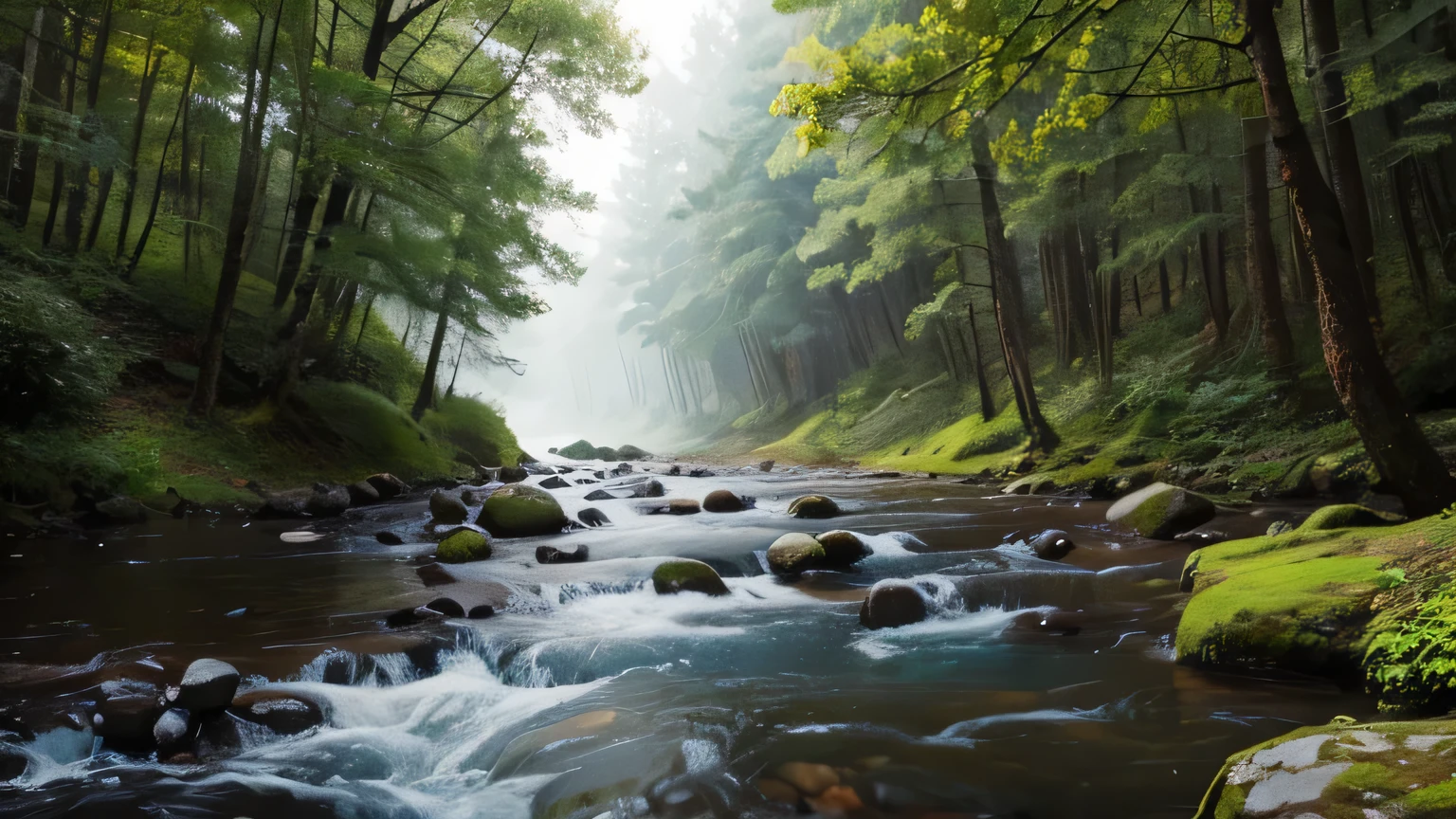 small misty, dense forest with fruit trees and river