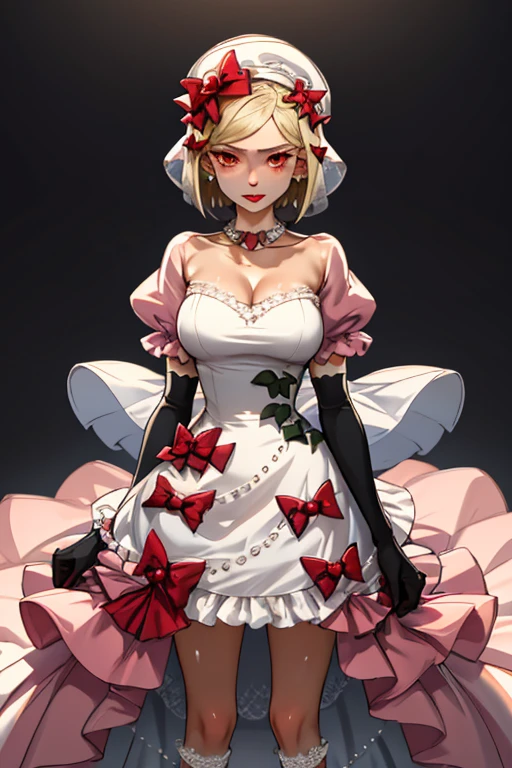 
aalamb, short hair, hair bow, white bow, white headwear, red eyes, necklace, frills, white dress, bouquet, puffy sleeves, elbow gloves, white gloves
looking at the audience,(Focus on her face),Keep your mouth shut, Close-up of beautiful bride wearing beautiful wedding dress,Gurwitz,(bridal veil:1.5），（Transparent short veil：1.5），Blushing face，Head flower，headgear，（tube top wedding dress：1.5），（Silk dress：1.2）,（Strapless wedding dress：1.5）,pure white dress，necklace，earrings，(large breasts:1.3)，Deep V peach heart collar wedding dress，Bangs，lipstick，（lace gloves：1.3）,whole body照,High detail RAW color art,Long white dress，whole body，Place your hands behind your back，