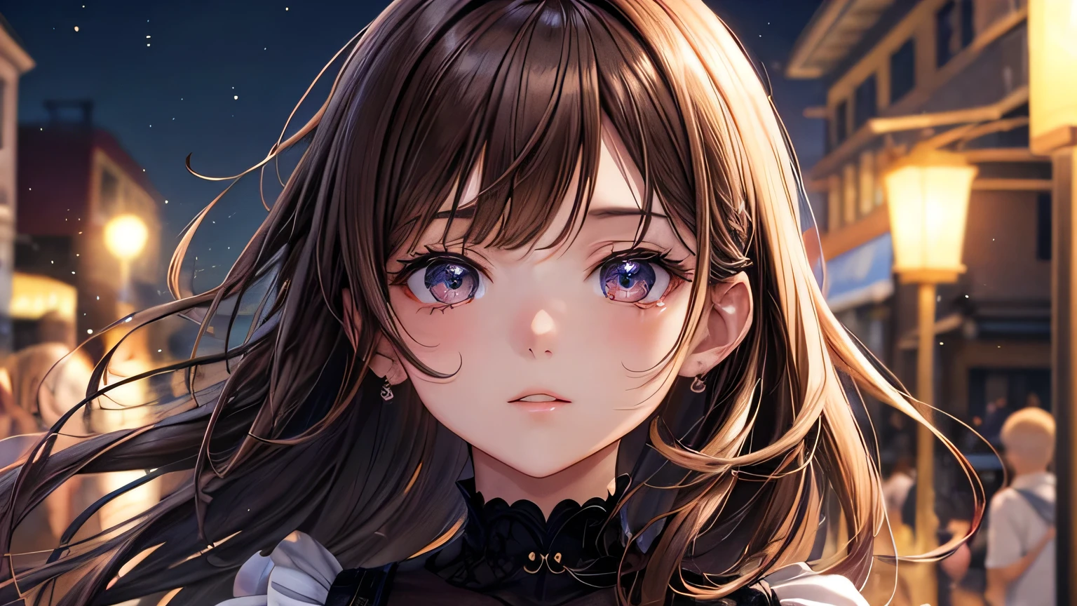 One woman : 1.3, Light brown hair: 1.2, , night: 1.2,night,Night Town: 1.1, Ultra-high resolution, Accurate, Super detailed, Textured skin, High detail, highest quality, 8k,Thin bangs,Upper Body,Well-drawn eyes, Focus on the face,Cute one piece dress,,Detailed hair depiction,Detailed depiction of eyes、Detailed depiction of hair、Street lamp、