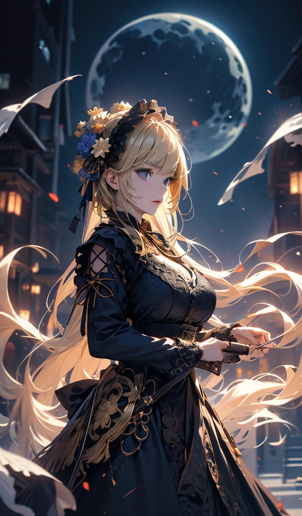 masterpiece, high quality, 4K, Beautiful design, silhouette，blonde， 非常に詳細な夜のStarry Sky,Flower Field， wonderful, Finer details,  Very knowledgeable woman, Highly detailed solo, 1 female,Big Breasts，Gothic Lolita Fashion，Night view，Starry Sky，full moon，