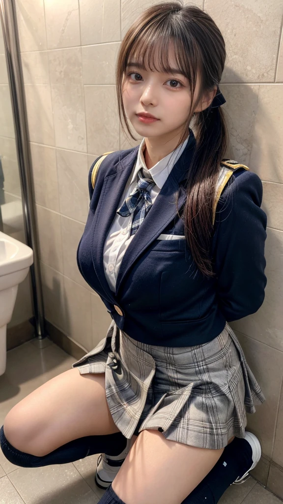 masterpiece, best quality, illustration, Super detailed, fine details, High resolution, 8K,wall paper, perfect dynamic composition,(Details High quality, realistic depiction of eyes:1.3), kneeling, Men's restroom at school, Toilet urinals lined up、High school girl uniform、blazer 、Super Short Check Uniform Skirt、Navy blue high socks、garterbelts、 large breasts, expresses the roundness and softness of your chest, Don't expose it、Disturbed uniform, ponytail, black hair color, Big Natural Color Lip, perfect body shape, crying a little、cold gaze, Harajuku style、20 year old girl、cute type, beautiful legs, Gravure Idol