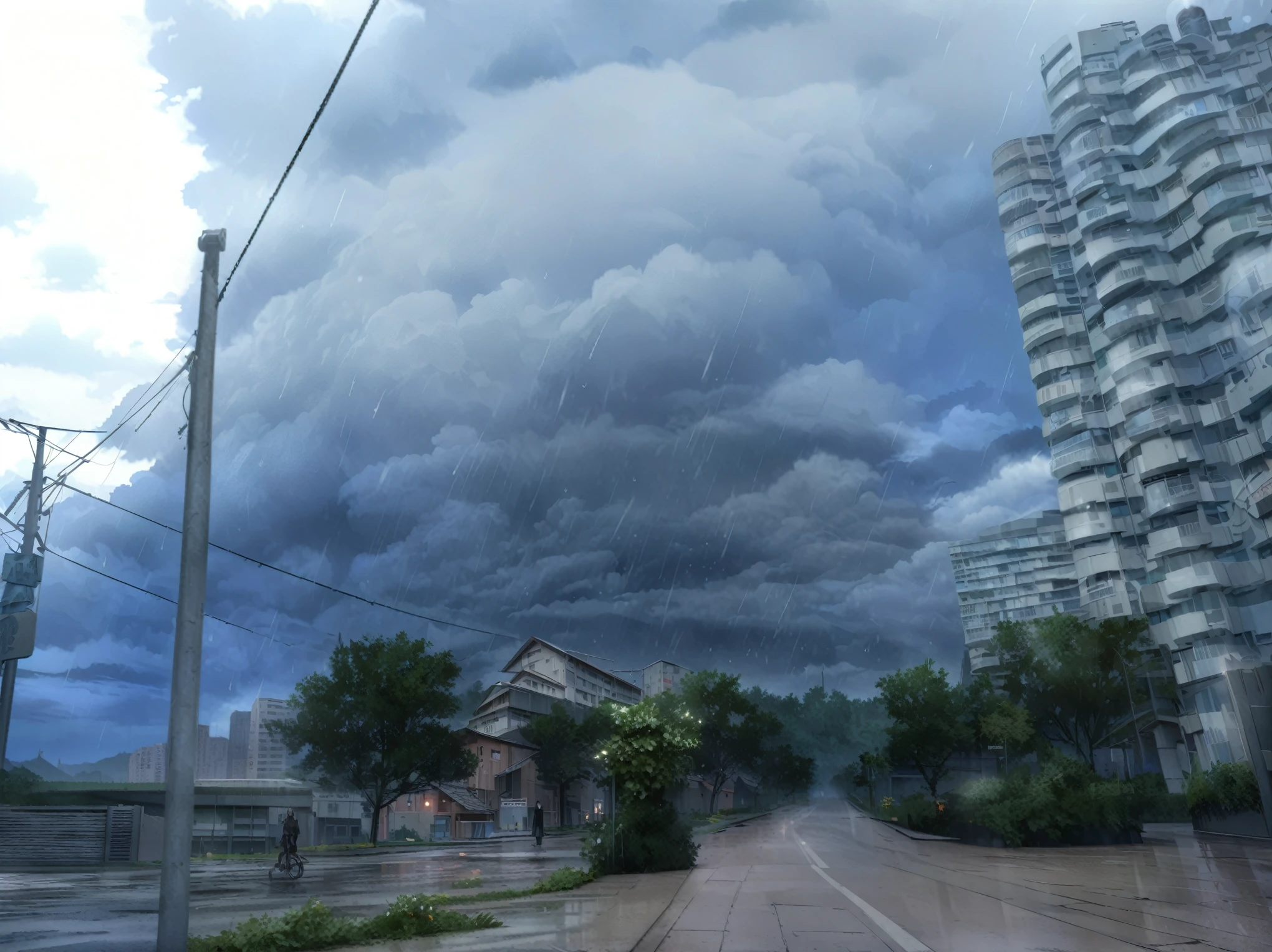 anime aestetics, anime landscape, view of a city street with a cloudy sky, light of hope, raindrops in the air, dunamic scene, landscape scenery, gloomy weather. detailed clouds, with dark clouds in the sky, against a stormy sky, with ominous storm clouds, storm in the background, in the background a thunderstorm, stormclouds, stormy wheater, ominous skies, ominous clouds, cloudy weather, storm clouds in the background, ominous sky, city scape, wide shot, high quality, highres, best quality, award winning, super detail, masterpiece, 8k, 16k
