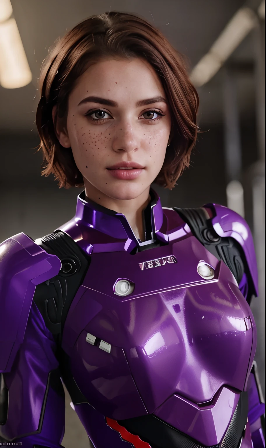 meggii2023, 1 girl, uhd, best quality, purple suit, masterpiece, photorealistic, brown hair, raw image, wearing purple ironman suit, armored suit, glowing, short hair, mascara, big eyelashes, closeup, freckles,