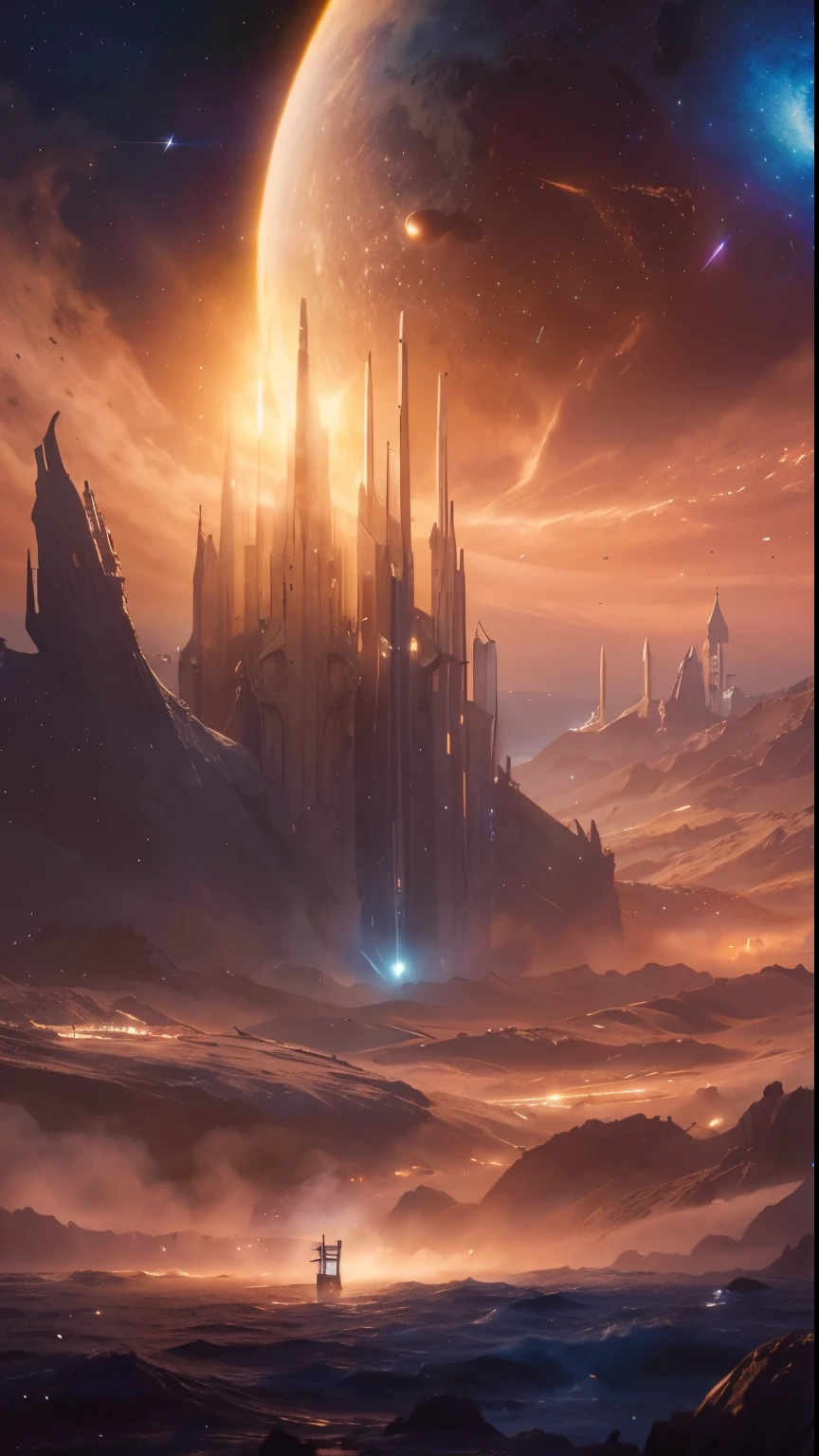 ((Obra de arte)),(melhor qualidade)),Magnificent space image scene,corpo celestial,interestelar,((Huge star gates)),buraco negro,(((Enorme nave estelar))),nave espacial,Starry sky shining,8K,superfino,alta qualidade