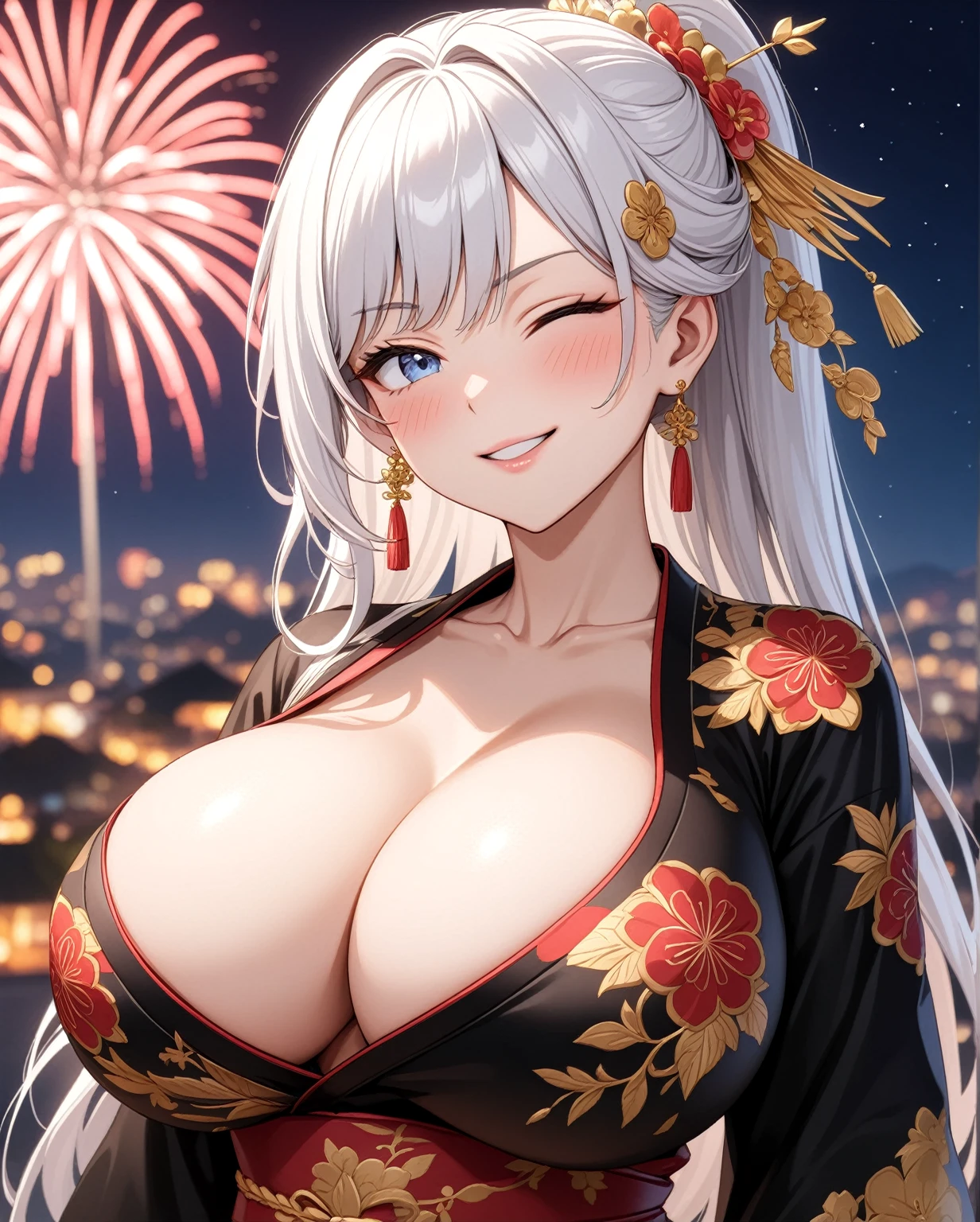 ((one personの女性)), Beautiful Face,Expressions of embarrassment and kindness,Laugh shyly,((Wink:2.0)),turn bright red,Glossy pink lips,night,Fireworks mountain((Anime style background)),masterpiece, highest quality, so beautiful, up to date, Complex details, (Pink long nails),AI-generated, Complex,High resolution, highest quality, super high quality,3D Images、View your audience、3D Images,one person,Long white hair,High Ponytail,blue eyes,Anime woman posing for a photo, [[fine grain、Colorful eyes、Shining Eyes:1.15]],(Squint your eyes:1.1),a hyperRealistic , hyperRealistic , Realistic,Long haired white haired anime woman, Smooth anime CG art, A woman in a colorful kimono with gold embroidery, (Black kimono),Red floral pattern,Long flower hair ornament,Big earrings,(Big Breasts:1.2),Mature Body,expensive,Big Ass,Fine details,Tight waist,Abdominal muscles,(Face close-up:1.5)