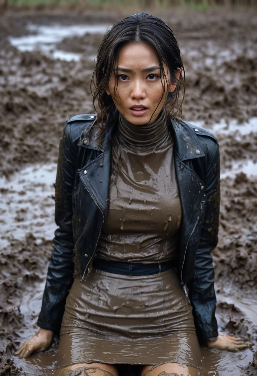 from afar, 8k, ultra-detailed, grainy film photo, masterpiece, physical-based rendering, ultra-detailed, above view:1.0, vivid, muffled colors, muted light:1.2, is dying, stockings,muddy pencil skirt, muddy leather jacket, muddy turtleneck sweater:1.2, depraved woman with muddy face drowning in mud swamp, long messy brunette hair, asian,