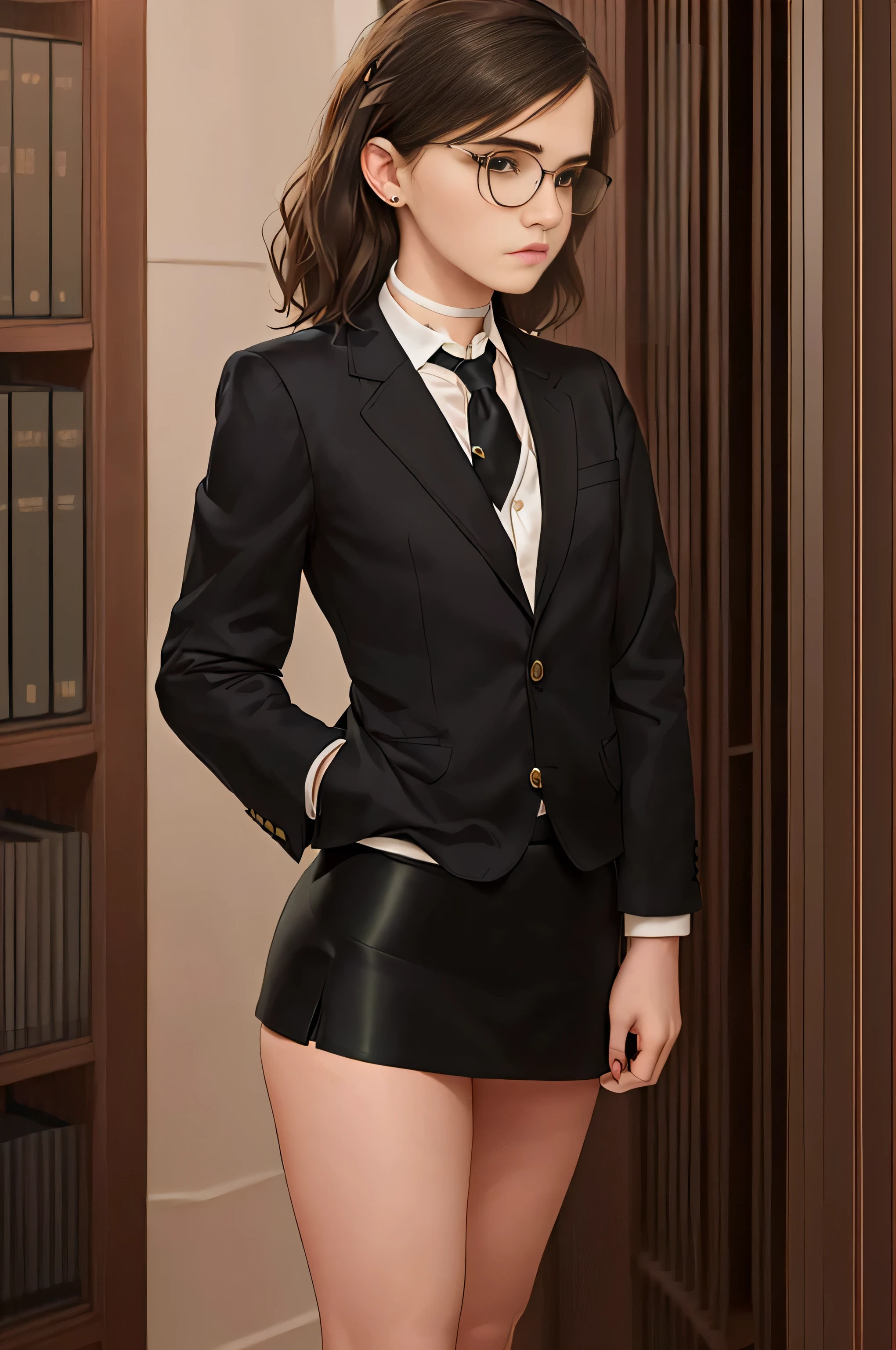 Emma Watson, (masterpiece quality, (masterpiece quality:1.3), realistic, (realistic:1.3), 1girl, (1girl:1.9), solo, (solo:1.9), in a library, bookshelves in background be, wearing lawyers suit, (black suit jacket:1.5), wearing white blouse, (wearing white blouse:1.5), wearing black skirt, (wearing black skirt:1.5), wearing choker collar, wearing glasses, small breasts, (small breasts:1.5), thin body, 