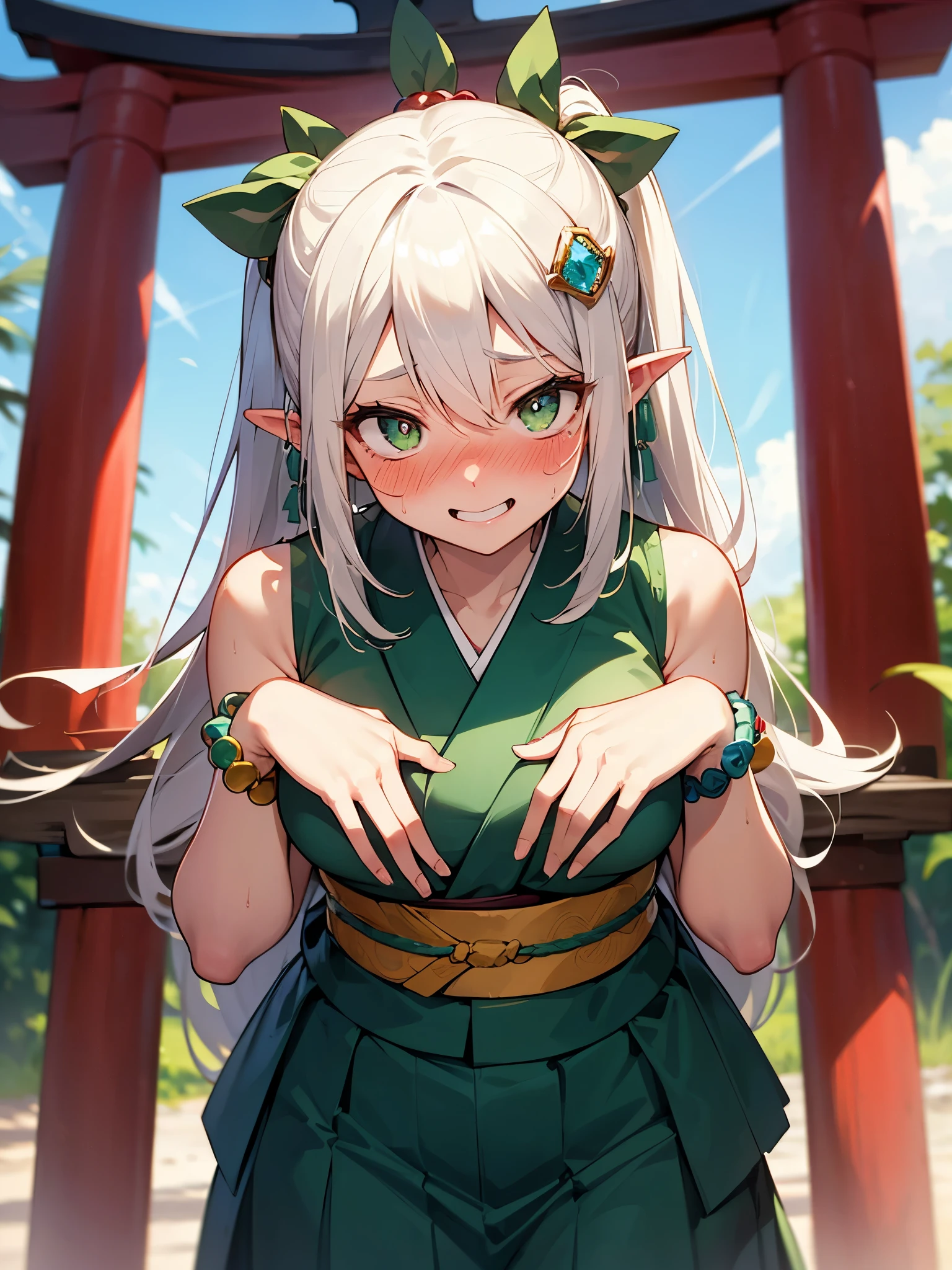 NSFW,Long Hair、Green Eyes、bangs、Pointed Ears、hair ornaments、White Hair、Symbol-shaped pupil、Multicolored Hair、Side Ponytail、Gradient Hair、Green Hair、Hair between the eyes、Cross-shaped pupil、smile、gem、葉っぱのhair ornaments、bracelet,Shrine maiden、kimono、Sleeveless,Hakama Short Skirt,(Sunburn:1.5),(Perfect hands),(Perfect Anatomy),(masterpiece),(highest quality),(Embarrassed:1.5),blush,Shy laugh,shrine,torii,Japanese style