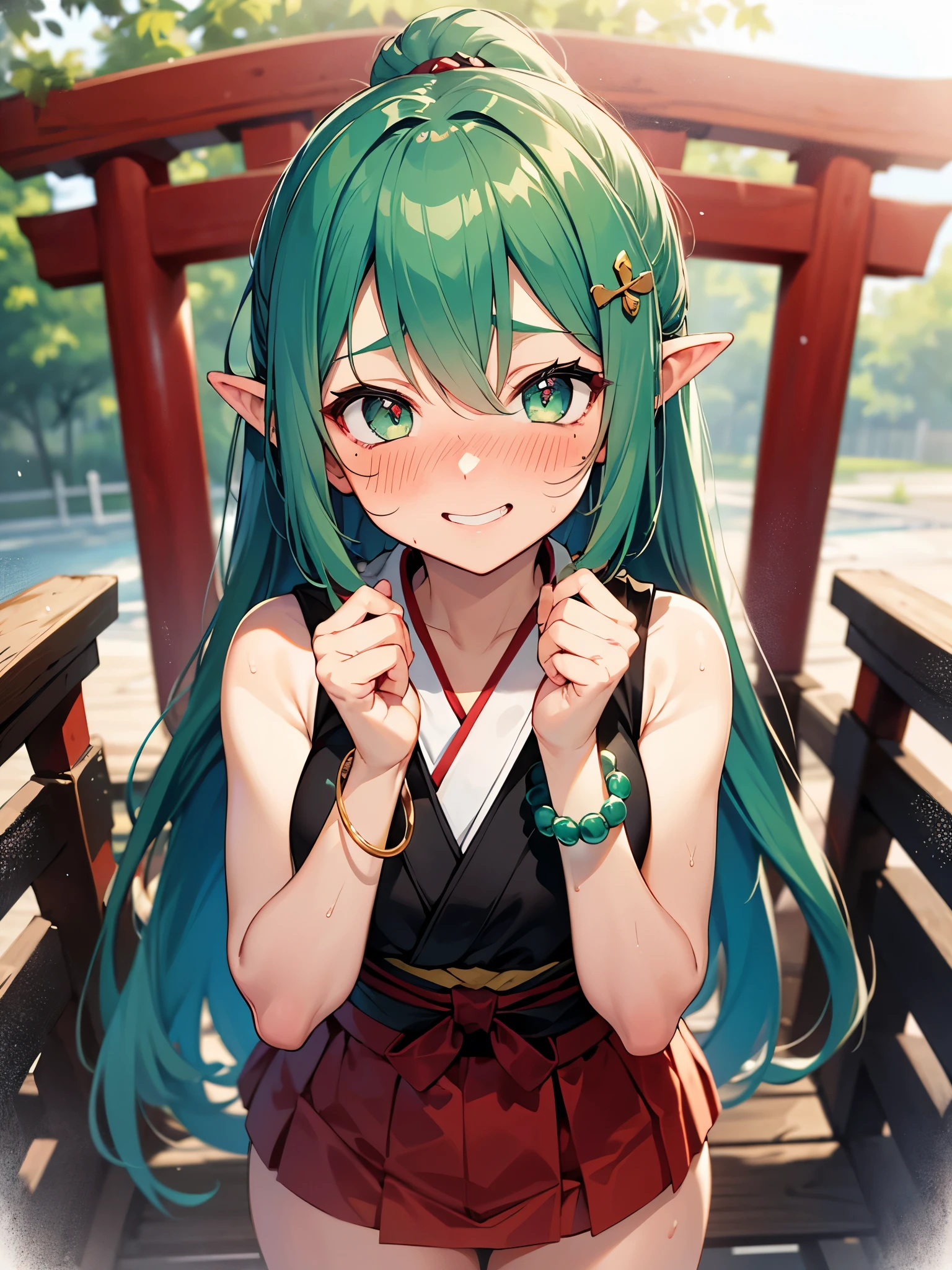 NSFW,Long Hair、Green Eyes、bangs、Pointed Ears、hair ornaments、White Hair、Symbol-shaped pupil、Multicolored Hair、Side Ponytail、Gradient Hair、Green Hair、Hair between the eyes、Cross-shaped pupil、smile、gem、葉っぱのhair ornaments、bracelet,Shrine maiden、kimono、Sleeveless,Hakama Short Skirt,(Sunburn:1.5),(Perfect hands),(Perfect Anatomy),(masterpiece),(highest quality),(Embarrassed:1.5),blush,Shy laugh,shrine,torii,Japanese style