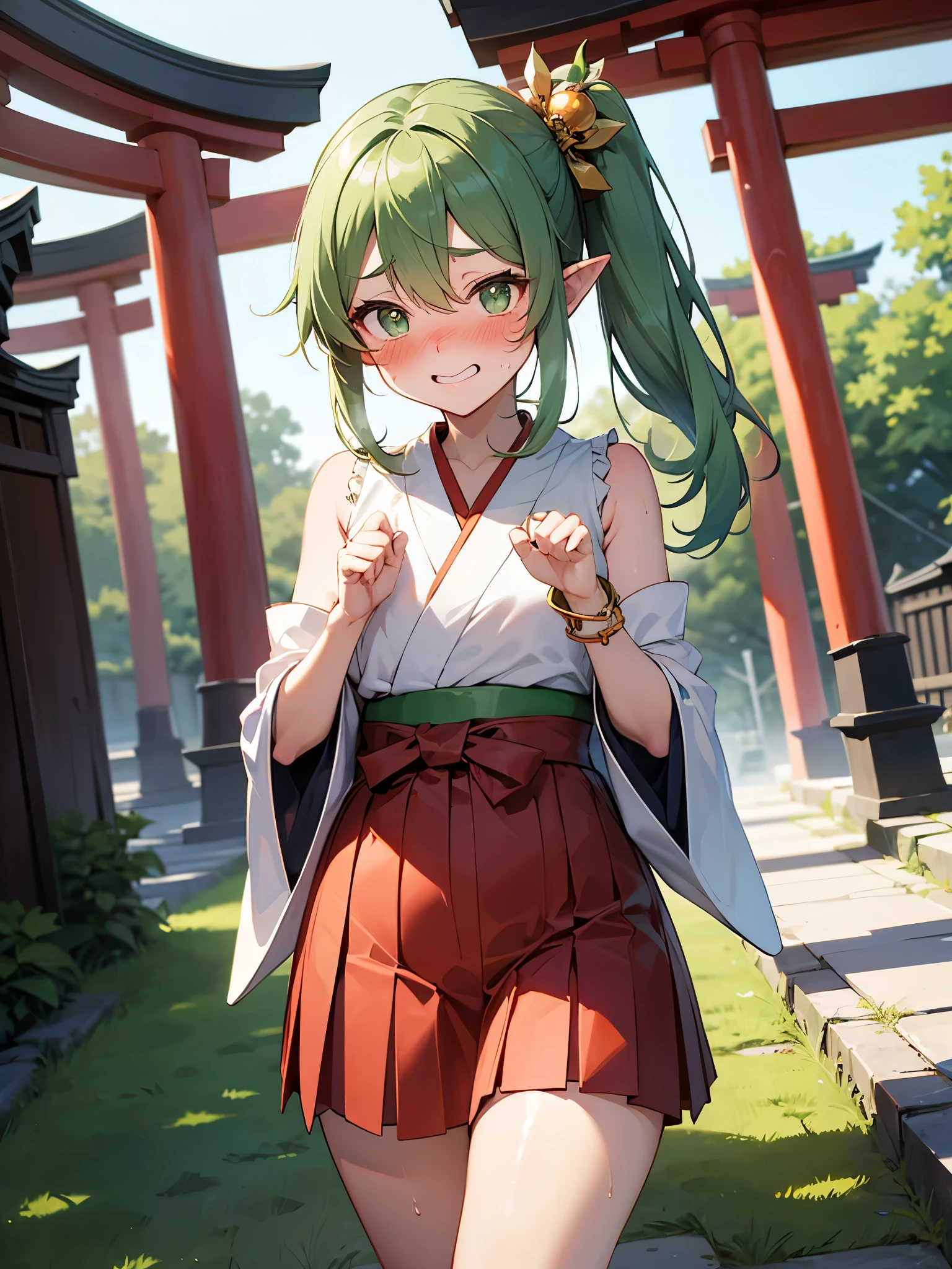 NSFW,Long Hair、Green Eyes、bangs、Pointed Ears、hair ornaments、White Hair、Symbol-shaped pupil、Multicolored Hair、Side Ponytail、Gradient Hair、Green Hair、Hair between the eyes、Cross-shaped pupil、smile、gem、葉っぱのhair ornaments、bracelet,Shrine maiden、kimono、Sleeveless,Hakama Short Skirt,(Sunburn:1.5),(Perfect hands),(Perfect Anatomy),(masterpiece),(highest quality),(Embarrassed:1.5),blush,Shy laugh,shrine,torii,Japanese style