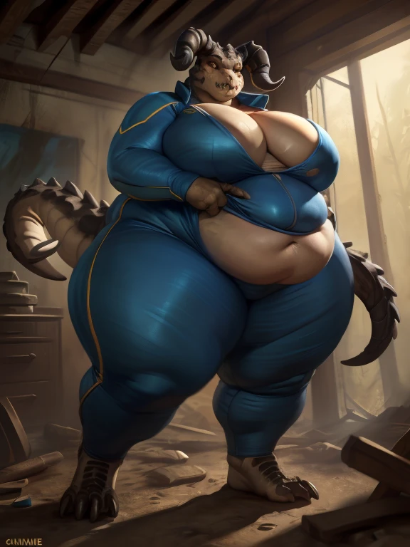 (masterpiece, best quality, a chubby tall female anthro deathclaw wearing a torn vault suit standing in an abandoned house, fallout, deathclaw, female, torn vault suit, torn jumpsuit, huge breasts, chubby, bbw, wide hips, huge ass, surprised, blushing, tall, very tall, furry, scalie, anthro, (torn clothes), fat, voluptuous, tail, lizard tail, deathclaw tail, cute, chubby belly, tight jumpsuit, tight clothes, hyper thighs, bottom-heavy, large ass, thick thighs, obese, ssbbw, fat belly,:1.3), crisp vibrant detailed soft painterly digital art, volumetric lighting, natural lighting, realistic lighting, vibrant colors, crisp oil painting, painterly realism, depth of field, subtle soft details, vivid, fresh, striking, by chunie, by darkgem, by honovy, by zaush, by anhes, by puinkey, by caraid, by dagasi, by taranfiddler, by atey ghailan, by MilletGustave, by Curbet, Charlie Bowater, lol art