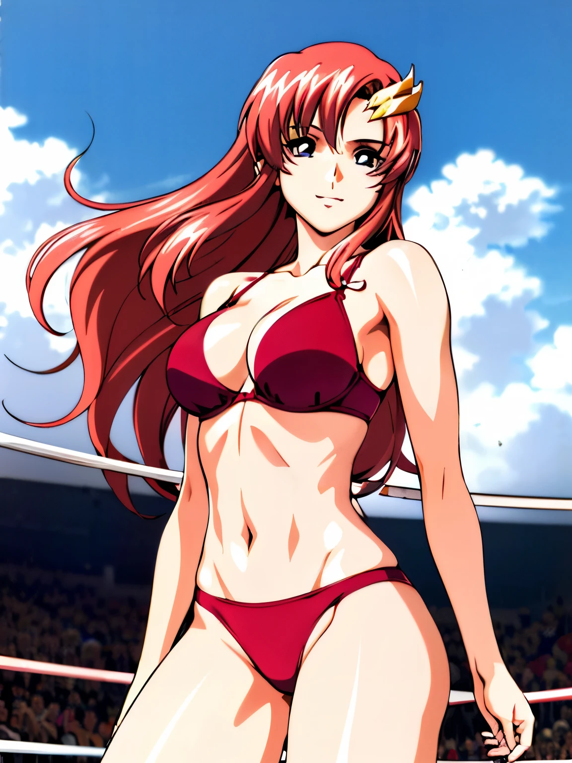 lacus4, (red bikini, running, thong, thin girl, masterpiece, cowboy shot, very slim shoulders, 4K, Best Quality, Anime style: 1.9, happy, Adult Woman, (ultra detailed head), (wrestling arena with crowd, cloud background), Drawing lines, high resolution, lacus4), 1girl, Solo, curvy figure, Long hair, clavicle, scapular, (Detailed wide hair bangs, Hair Ornament, Detailed reddish-pink hair, shiny streaks, slim arms, detailed golden crest), cleavage, large hands, (hair cover shoulders). (Big blue eyes, shiny eyes), ((female wrestler, (slim body), slim arms, closed fists, thighs)), ((perfect proportions, medium size breasts, medium thighs, long belly)), ((totally red bra)), smile with a wink, (standing, hot colors), detailed fingers, (bare shoulders)