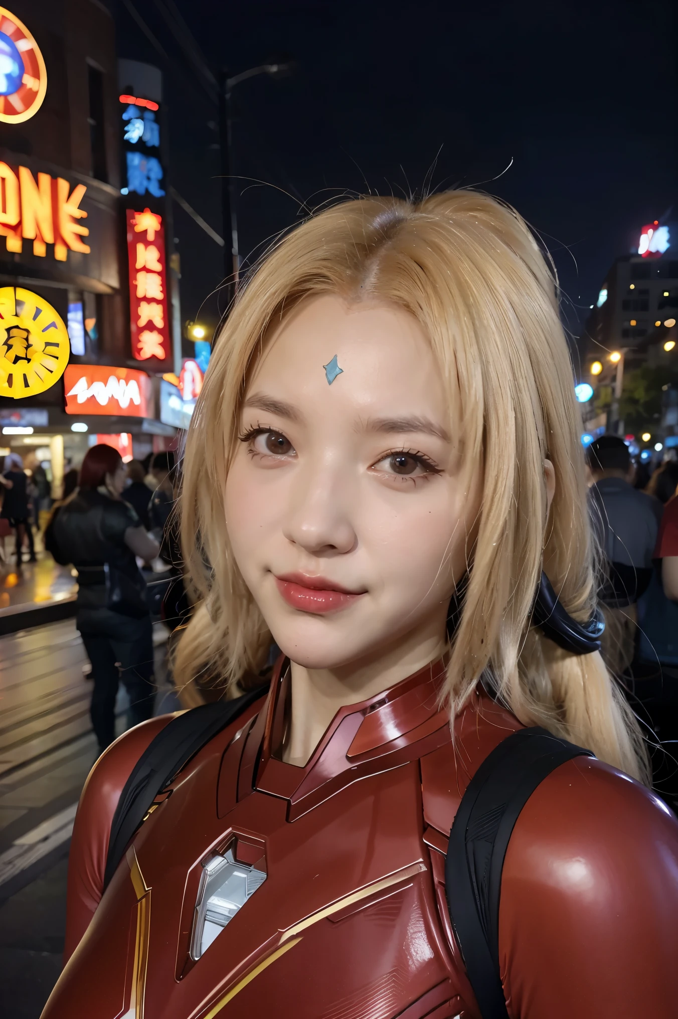 a close up of a person with long hair and a ironman red clothes super hero costume , tsunade, tsunade from anime naruto shippuden, as an anime character, perfect anime face, she has yellow hair with bangs, female anime character, anime character, anime best girl, hime cut hairstyle, yellow hair, wearing a ironman super hero costume, (red glossy lips:1.3), yellow eyes, smile, realistic, wear ironman super hero costume, ultra detail, city background, (beautiful face:1.3)