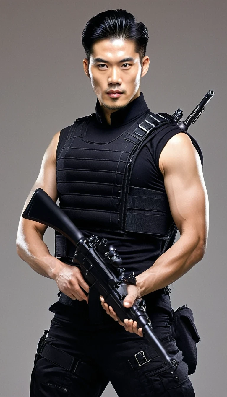 Avant-garde and elegant Chinese handsome guy，Wearing a sleeveless tight，Special Forces Combat Uniform，（Wearing a dagger necklace:1.2），（A pistol on his belt：1.3），Black tight-fitting top，Strong muscles，Handsome guy with a muscular body，serge lutens is a world-renowned artist and perfumer，Its fashion、The impact of beauty and fragrance is unparalleled。His artistic style is both elegant and、Avant-garde and mysterious，Breaking the traditional boundaries，Create a unique aesthetic background：Lots and lots of weapons