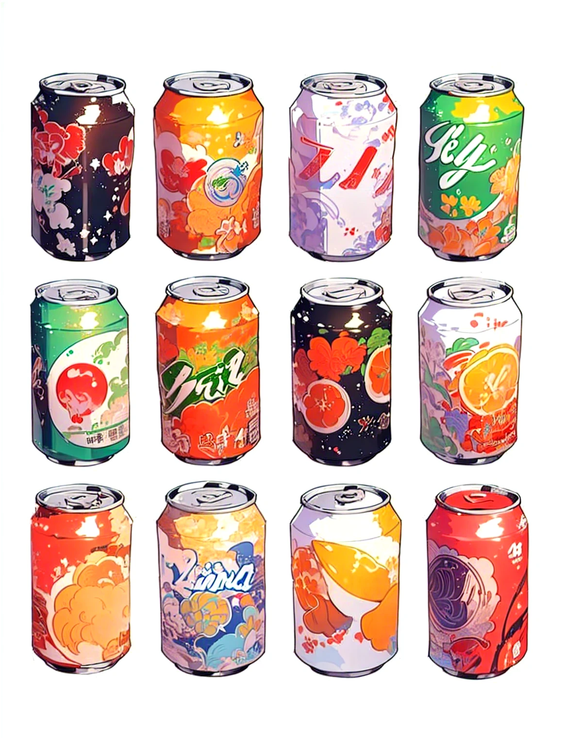 a close up of a group of can of soda with different flavors, soda can, Jongsuk Lee, can, By Chen Yanjun, Sprite Art, by Shinoda Toko, pop, Super detailed, 