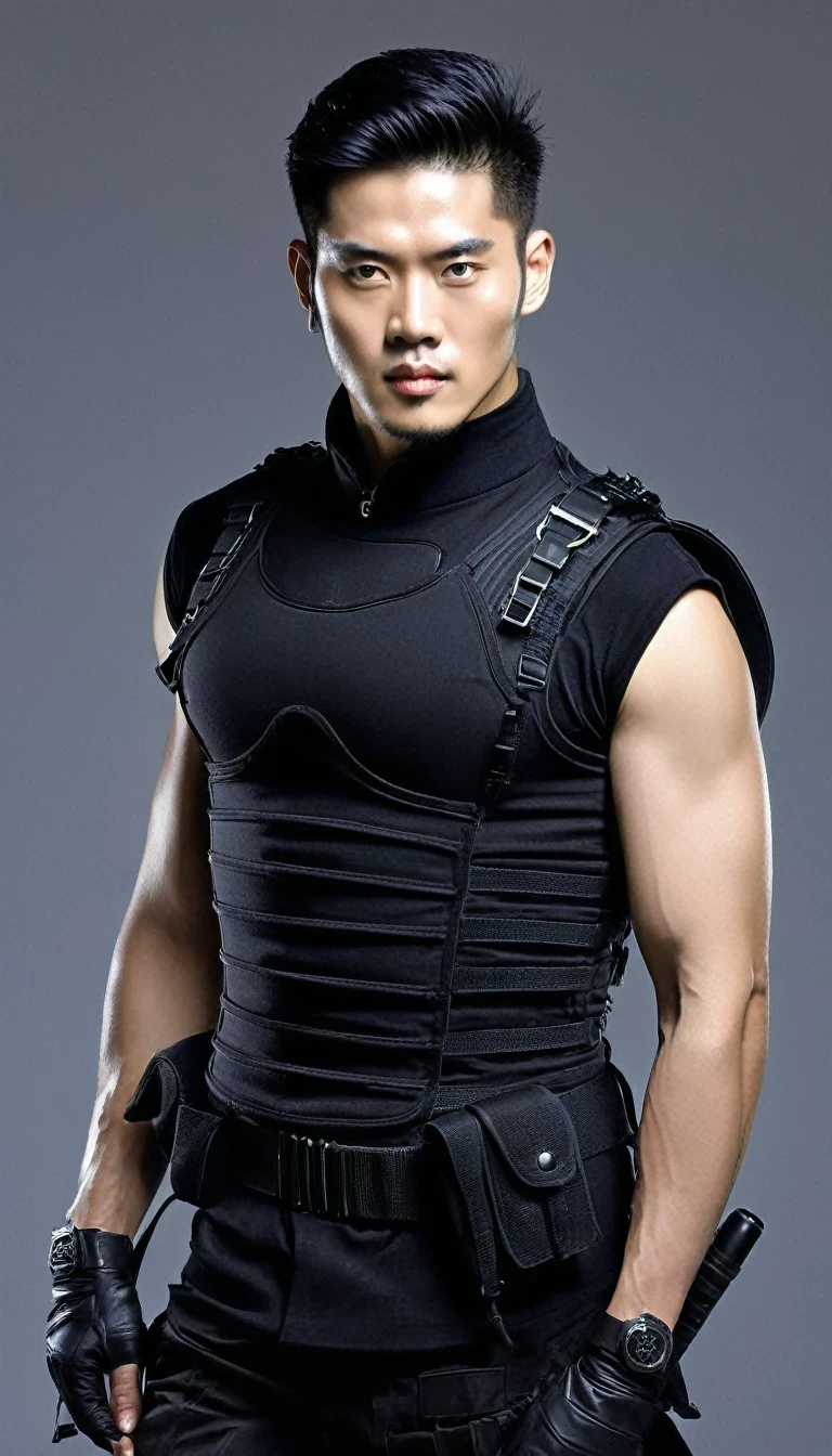 Avant-garde and elegant Chinese handsome guy，Wearing a sleeveless tight，Special Forces Combat Uniform，（Wearing a dagger necklace:1.2），（A pistol on his belt：1.3），Black tight-fitting top，Strong muscles，Handsome guy with a muscular body，serge lutens is a world-renowned artist and perfumer，Its fashion、The impact of beauty and fragrance is unparalleled。His artistic style is both elegant and、Avant-garde and mysterious，Breaking the traditional boundaries，Create a unique aesthetic background：Lots and lots of weapons