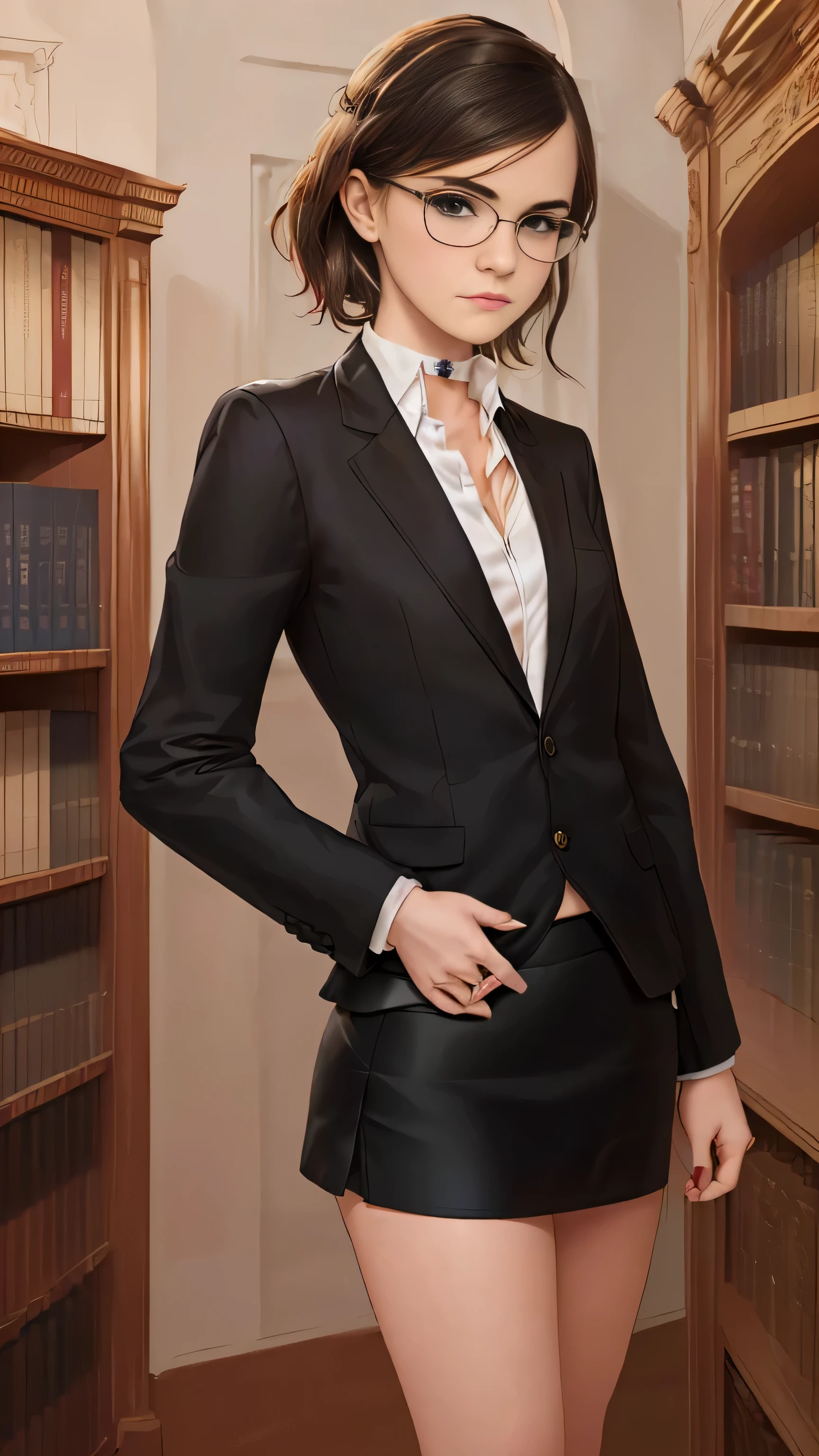 Emma Watson, (masterpiece quality, (masterpiece quality:1.3), realistic, (realistic:1.3), 1girl, (1girl:1.9), solo, (solo:1.9), in a library, bookshelves in background be, wearing lawyers suit, (black suit jacket:1.5), wearing white blouse, (wearing white blouse:1.5), wearing black skirt, (wearing black skirt:1.5), wearing choker collar, wearing glasses, small breasts, (small breasts:1.5), thin body,