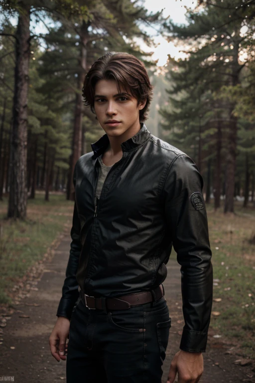 Zackary Arthur, Jake Webber, Teen Wolf, 16 years, cabello negro corto rizado y desordenado, ojos verdes, chaleco negro, camisa militar con estampado de rayo, jeans negros, botas militares negras. colgante de plata, estampado de lobo blanco. Fondo de bosque con aura de niebla alrededor de color negro.