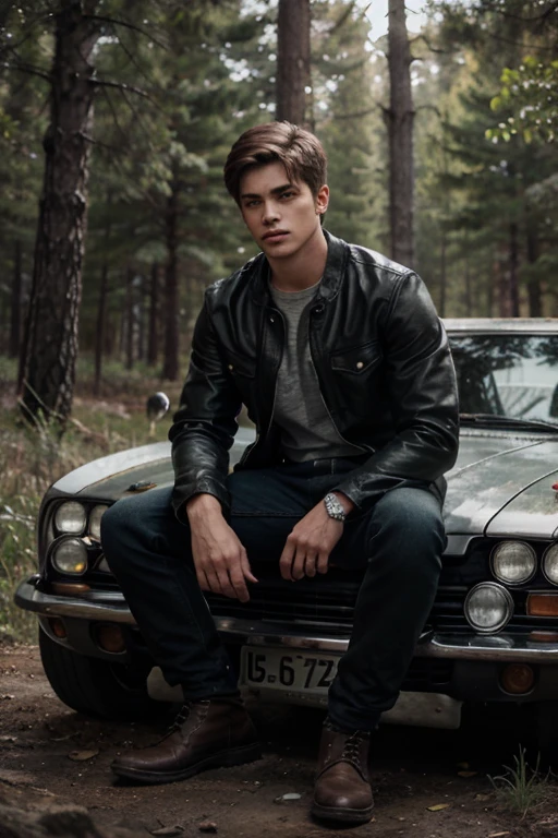 Zackary Arthur, Jake Webber, Teen Wolf, 16 years, cabello negro corto rizado y desordenado, ojos verdes, chaleco negro, camisa militar con estampado de rayo, jeans negros, botas militares negras. colgante de plata, estampado de lobo blanco. Fondo de bosque con aura de niebla alrededor de color negro.