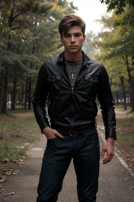 Zackary Arthur, Jake Webber, Teen Wolf, 16 years, cabello negro corto rizado y desordenado, ojos verdes, chaleco negro, camisa militar con estampado de rayo, jeans negros, botas militares negras. colgante de plata, estampado de lobo blanco. Fondo de bosque con aura de niebla alrededor de color negro.