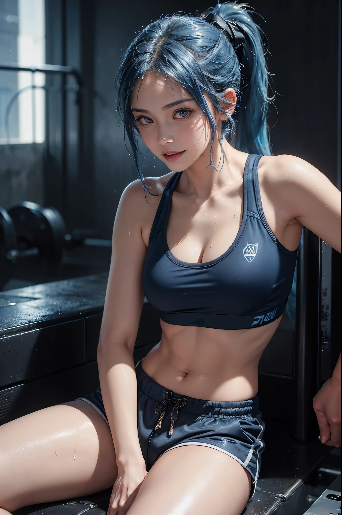 (1 Sexy Woman, Solo, Blue Hair, Wet Hair, Ponytail, sports wear, sports bra, short pants, gym, Smile:1.4), top-quality, ultra-detailliert, masterpiece, realisitic, (Detailed Eyes, small and slightly plump lips, Beautiful Legs, Thigh, Beautiful Eyes, glossy lip, abdominals, cleavage:1.2), (Cowboy Shot:1.2), (Extremely-Close-up:1.3), (Beautiful gym, Morning), ((anatomically correct)), (Futuristic Portrait), 1 girl only, Shining ultra high resolution beautiful skin, Rim Lighting, Cinematic Light, Look at viewer, no futuro telhado de luz neon, SSCI - FI e Fantasia, intrincado e muito bonito e elegante, altamente detalhado, pintura digital, art-station, arte conceitual, smooth and sharp focus, illustration, Arte de Tan Zi e Ayanamikodon e Alphonse Mucha e Wlop