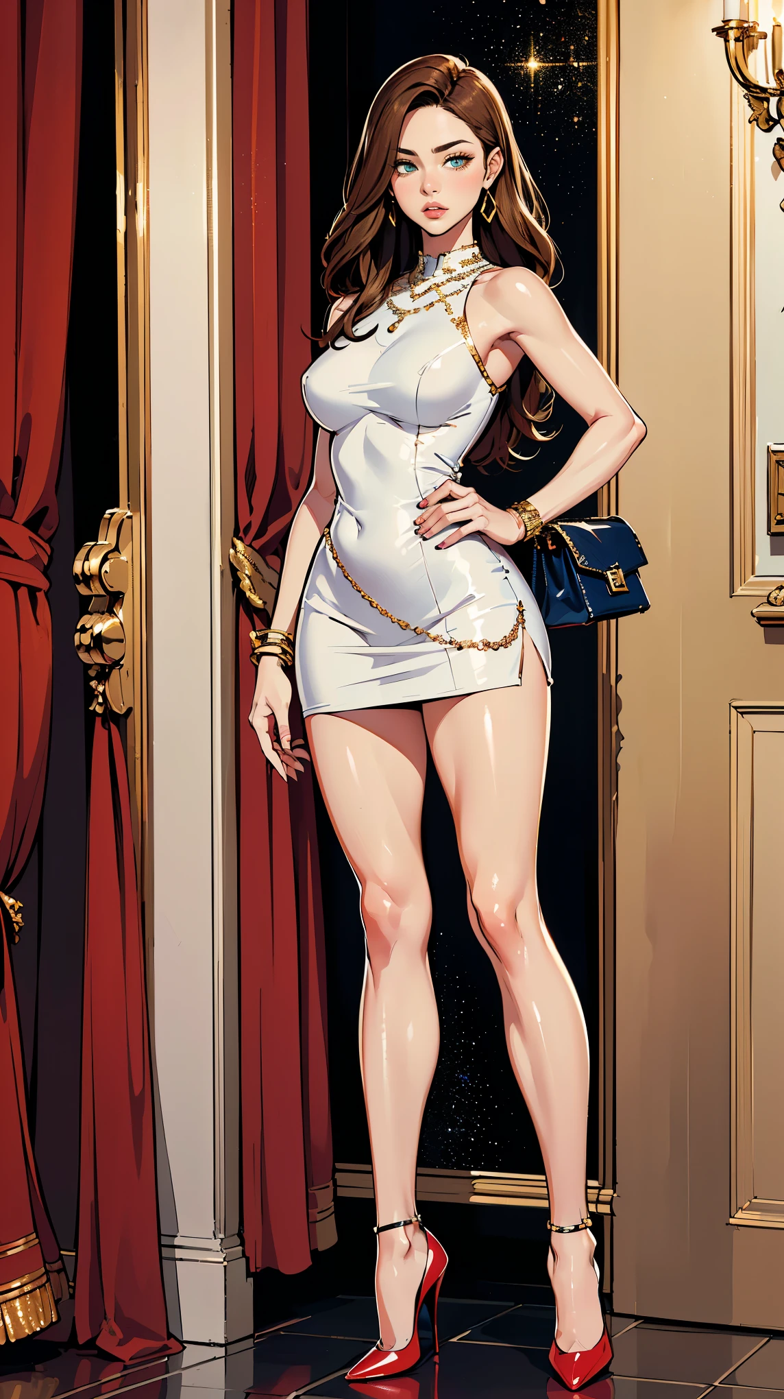 (Ultra-detailed, photorealistic, best quality, 4k,8k, highres, masterpiece:1.3), Featured is Abigail, a graceful figure from Singapore, ((who embodies the essence of elegance and charm)), (((She boasts a slim stature, standing at 1.67 meters and weighing around 55 kilograms, epitomizing the fashion model-like beauty))), (Her hair is long, wavy chestnut), (Her eyes are striking and green, thanks to contact lenses), ((and a toned physique with a defined waistline and slender, shapely legs)), accentuated by her active lifestyle, (((She is wearing a Balmain Mini Sequin-Embellished Dress, paired with Christian Louboutin 'So Kate' Pointy Toe Pumps))), She accessorizes with a Cartier Love Bracelet in Yellow Gold, and carries an Hermes Kelly Mini II Bag in Rouge Casaque Epsom Leather, (exceptionally detailed:1.3),, super finely detailed hands, ultra finely detailed fingers(((ten fingers))), (posing elegantly), (full body showcase), (show full body), (no logos in the background), (no logo), ((**modern, eco-friendly home background)).