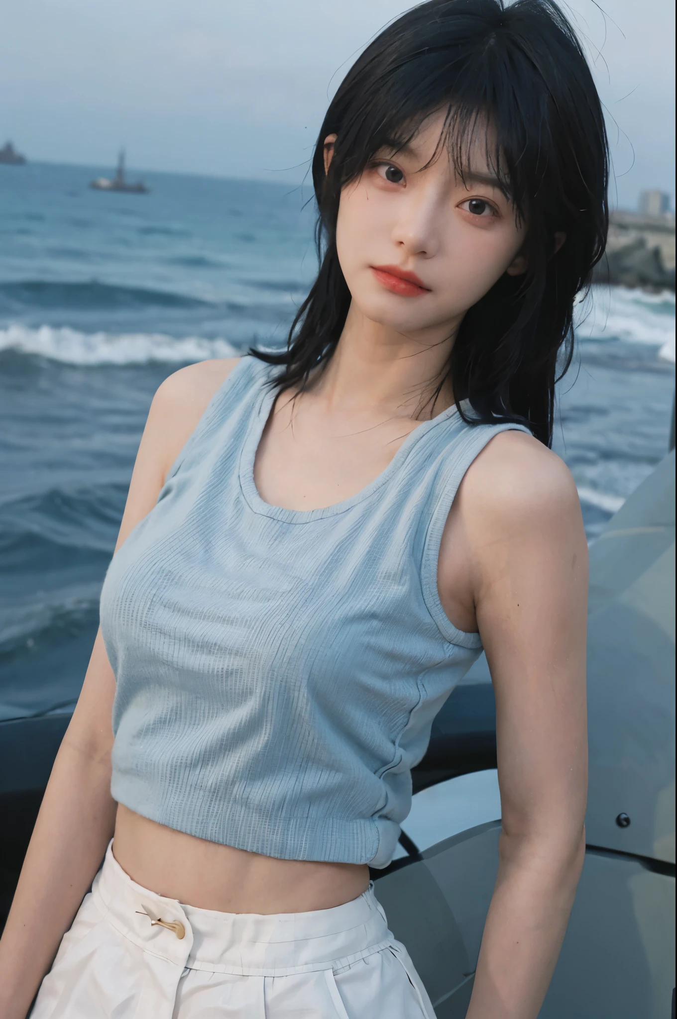 Best quality,Ultra-high resolution,(lifelike:1.4),Cute hairpin,2girll,Short blue hair,jk,:1.4,Blush,Slim beauty:1.4,Visible abdominal muscles,on the beach,Ultra-fine face,Exquisite eyes,Double eyelids,