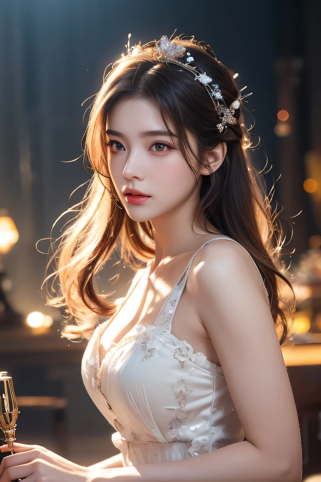 High-quality work，Realistic works，Super premium graphics，8K HD CG works，high quality graphics，High-definition and exquisite CG works，10x pixels，Ultra-fine details：1.1，Advanced technical details：1.1Realistic photo effects，Interior lighting effects：1.5，natural soft light：1.5. Light effect（Virtual light effects：1.8），Ultra-high resolution，shining dress，sliver long hair，silber hair，transparenthair，high detailed hair（Quality hair details：1.1）Clear eyes，Double eyelids look good，Sharp eye makeup, Create exquisite eyelash makeup, tthin eyebrows, Ultra-detailed eyes，a tall nose, lovely red lips, rosey cheeks, With delicate makeup on her face , pretty face, The face shape is perfectly proportioned,（Advanced facial details：1.1）On the battlefield of storms, A woman dressed in a Lolita outfit uses a weapon with the power of the fire element..(( Lightning danced next to her.)), It reflects the strength of her determination.，Because she embodies the power of nature&#39;s power in battle..official art, 8K wallpaper, very detailed, beautiful and aesthetic, beautiful, Masterpiece, best quality，(Focus on the thighs and up.)，Clear face，The eyes are detailed.，(wind，hair flying，Flow skirt)，，Women's artwork，Dress full body video，Reality，Amazing Cleavage，My eyes are very bright today
