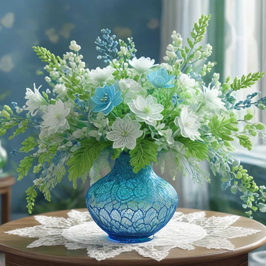 Blue, green and white laceで出来た花, Beautiful lace flowers, Lace flowers decorating the room, indoor, Beautiful glass vase, Blue, green and white lace, Very delicate lace, best quality:1.2, 4k, 8K, Very detailed, High Detail, masterpiece:1.2, 