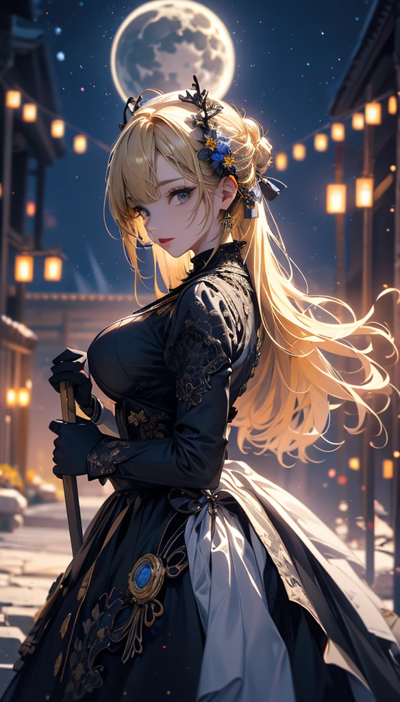 masterpiece, high quality, 4K, Beautiful design, silhouette,blonde, 非常に詳細な夜のStarry Sky,Flower Field, wonderful, Finer details, Very knowledgeable woman, Highly detailed solo, 1 female,Big Breasts,White Gothic Lolita Fashion,Night view,Starry Sky,full moon,