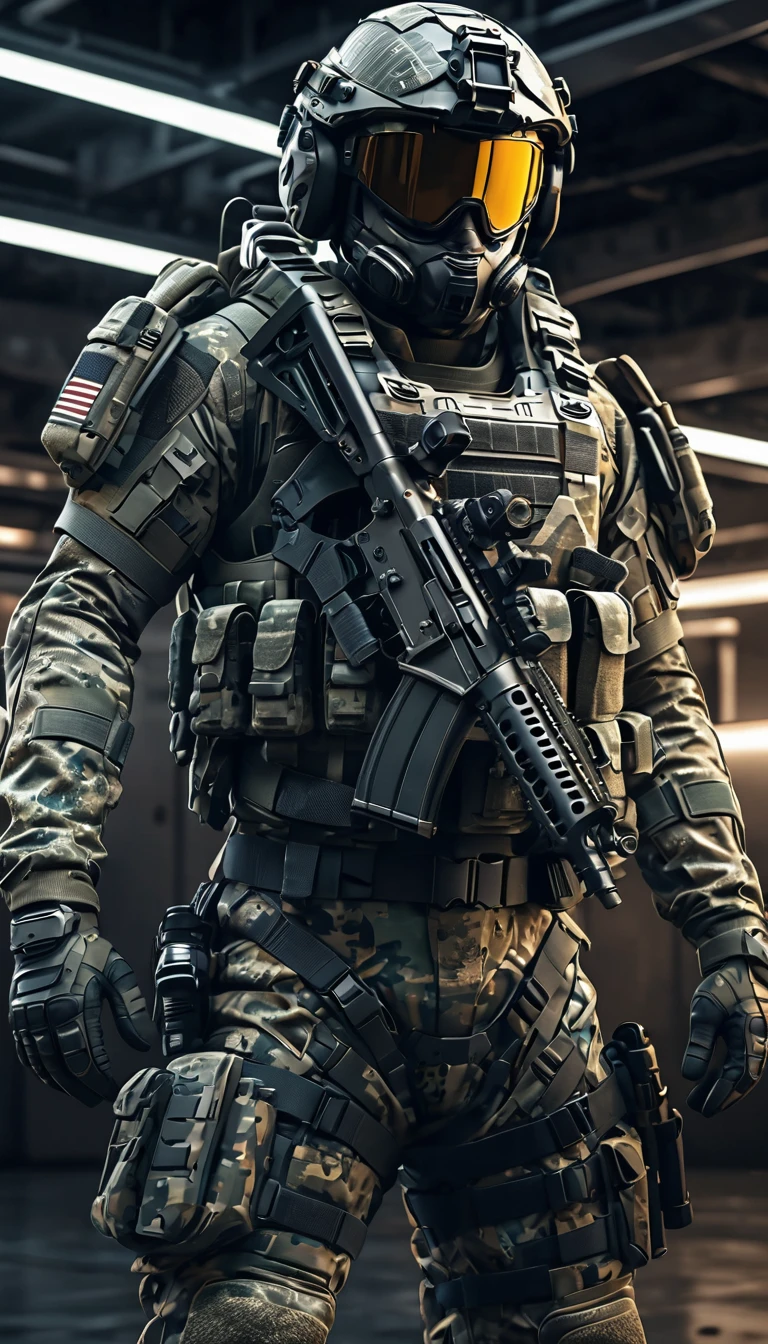 A high-tech soldier in a tight combat suit, camouflage military uniform, simple sleek design, detailed intricate patterns, hyper realistic, cinematic lighting, military sci-fi, dramatic pose, gritty texture, muted color palette, (best quality,4k,8k,highres,masterpiece:1.2),ultra-detailed,(realistic,photorealistic,photo-realistic:1.37)