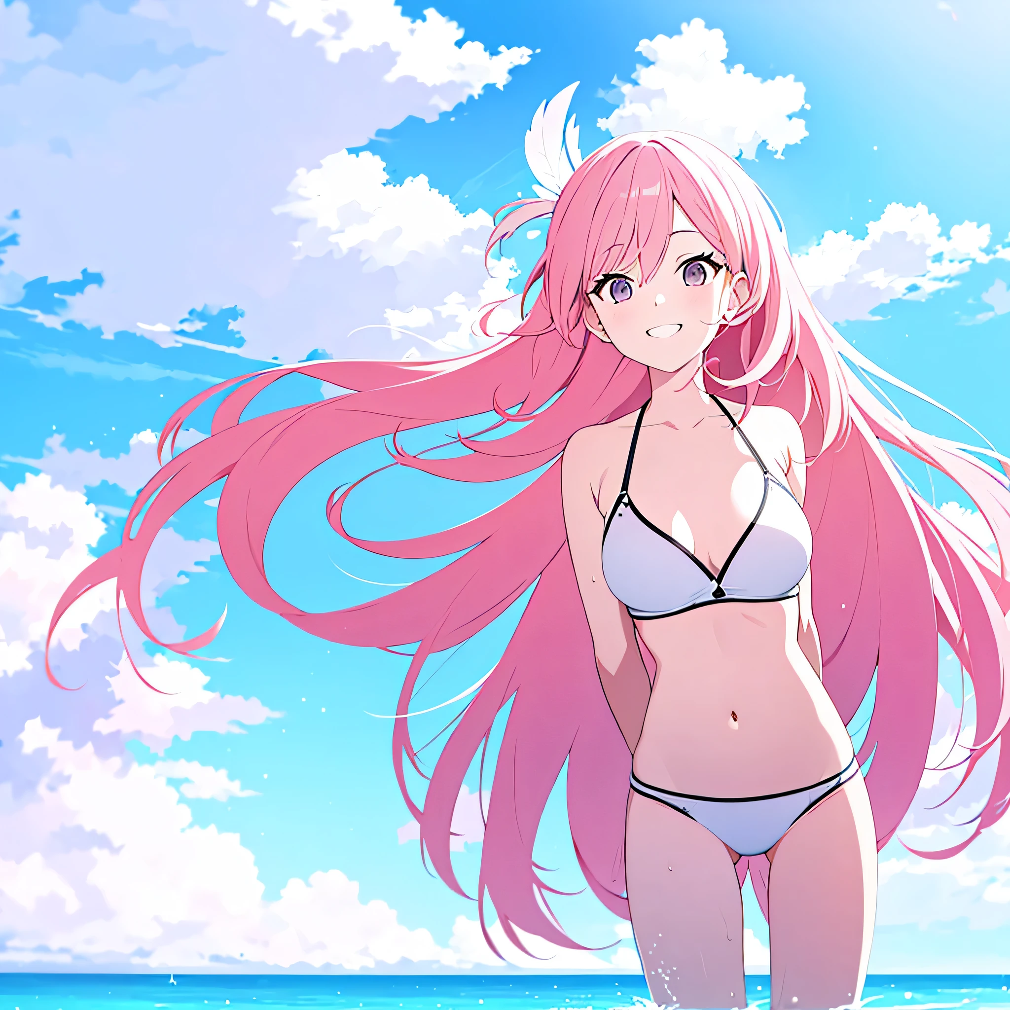 Coral pink hair,Long hair,hair over one eye,Gray eyes,feather hair ornament,cute,Girl,Smiling expression,Happy and happy expression,White bikini,Wet on the body,Standing in the pool,Don't show your arms,Background is beach,Hawaii,Blue sky and white clouds