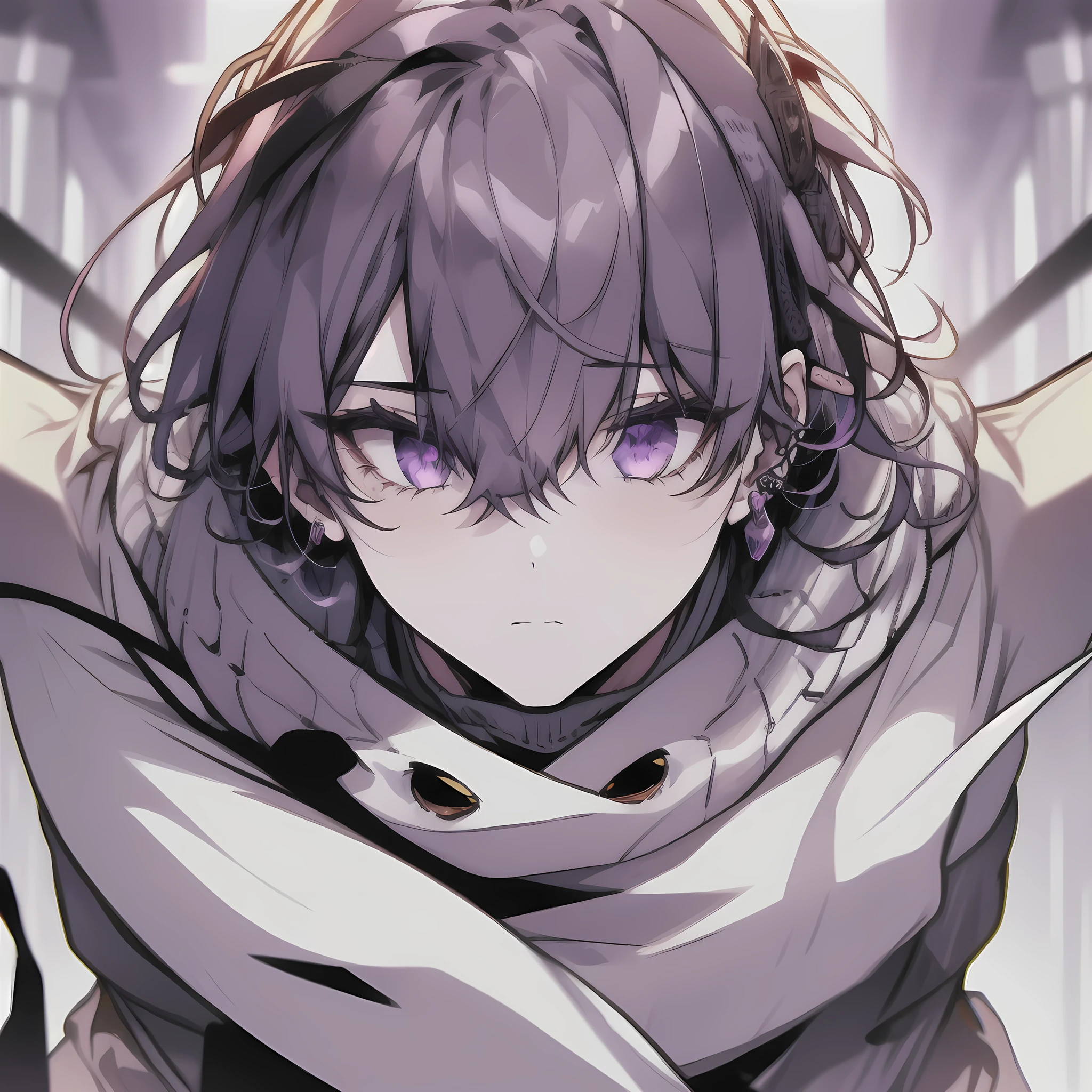 1boy, purple eyes, earing, bandage over one eye,
