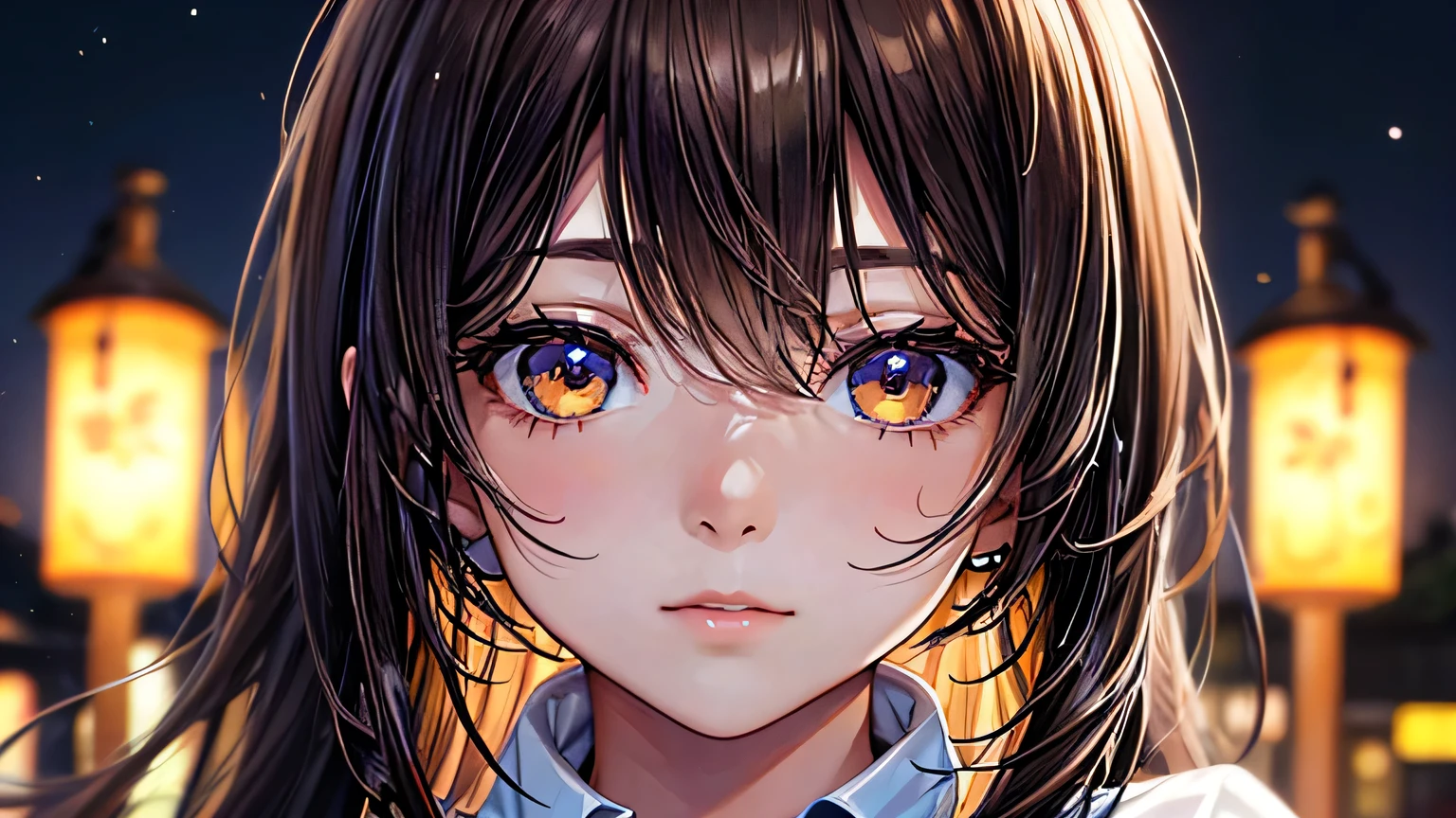 One woman : 1.3, Light brown hair: 1.2, , night: 1.2,night,Night Town: 1.1, Ultra-high resolution, Accurate, Super detailed, Textured skin, High detail, highest quality, 8k,Thin bangs,Upper Body,Well-drawn eyes, Focus on the face,Oversized shirt,Detailed hair depiction,Detailed depiction of eyes、Detailed depiction of hair、Street lamp、