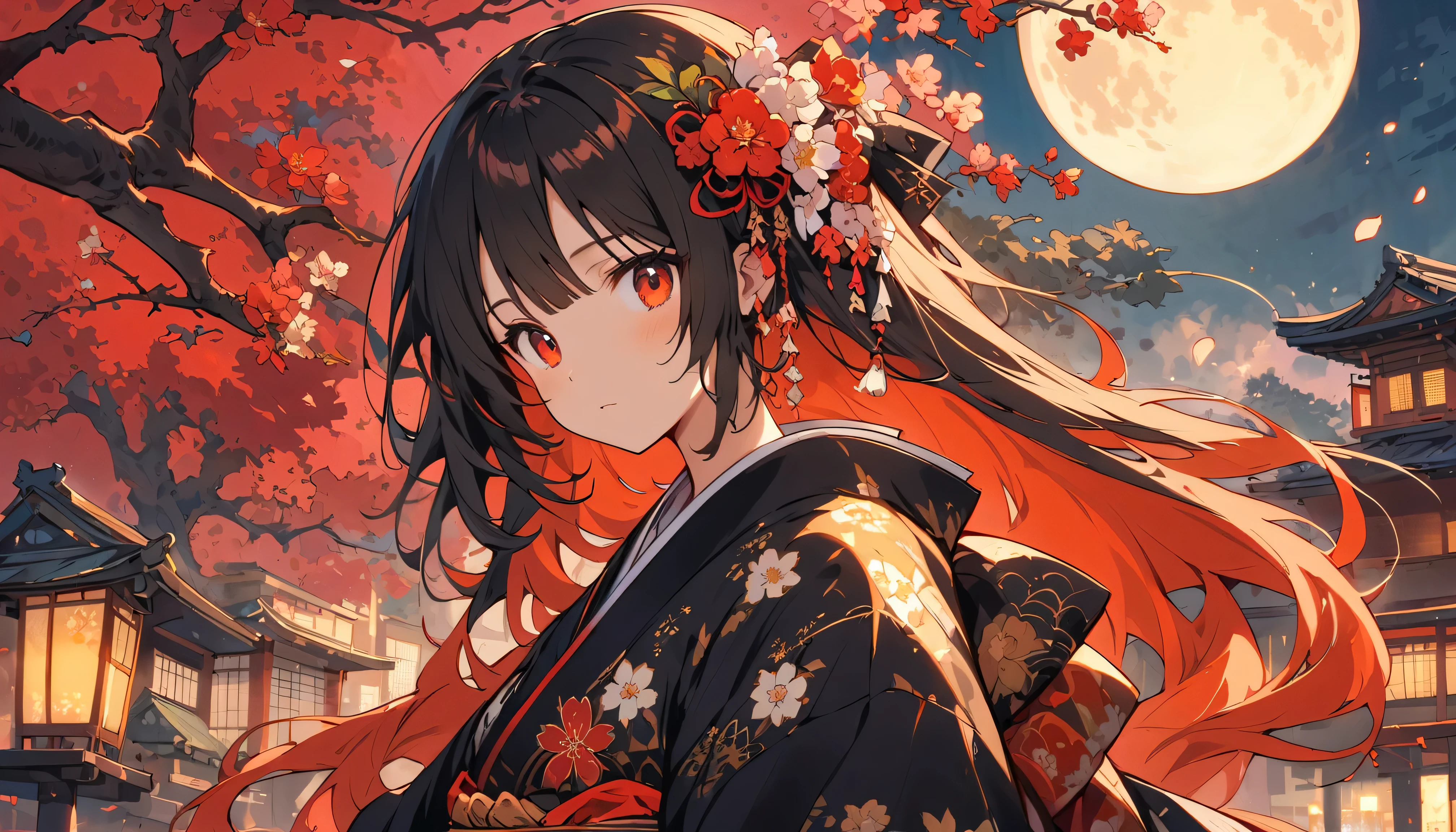 masterpiece, highest quality, A woman in her 20s from the end of the Edo period in Japan.。She is still, but her flashy kimono is showing.、The long hair is wildly messy。Strange pose。Big eyes and a serious look。Please draw only above the chest。 In the old Japanese style of painting with low saturation、The women have modern anime-like faces.、She is wearing a slight Kabuki-style make-up.。Strong 2D feel。night。In the background, a large cherry tree with a large number of petals falling、and a huge full moon。Night Sakura。I want to use it as a thumbnail for lofi music。