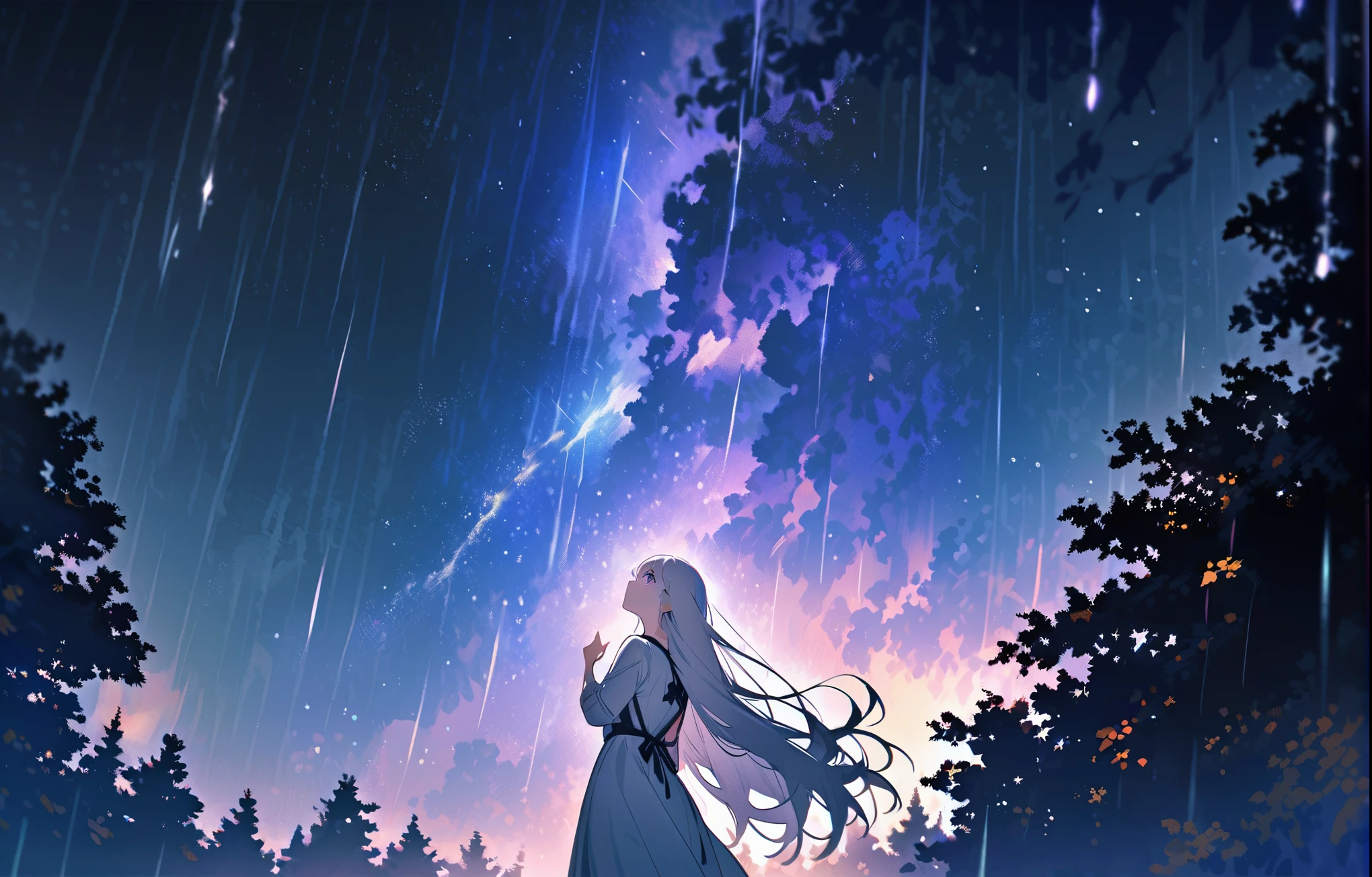 Picture a beautiful 30-year-old woman looking at a rainy sky with thunderstorms.. she wore a white dress. She also has white hair and a purple ribbon on the back of her head.. She has long hair, Tie only one strand back and let the rest fall naturally.. she is standing in the forest, Looking up at the starry night sky, One hand reaches out to the sky, And tears fell from her purple eyes.. All of this was filmed next to her..