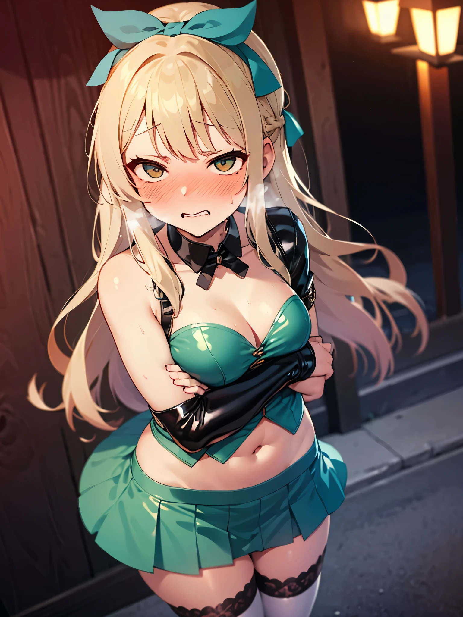 NSFW,(One girl:1.5),Blonde,Very long hair、Messy Hair、Flat Chest,hair ornaments、hair band、Bleaching、Haori、belly button、Black gloves、Pleated skirt、Green skirt、White knee socks、Cleavage,(Perfect hands),(Perfect Anatomy),(masterpiece),(highest quality),(Embarrassed:1.5),blush,Shy laugh,Night Park,Street lamp