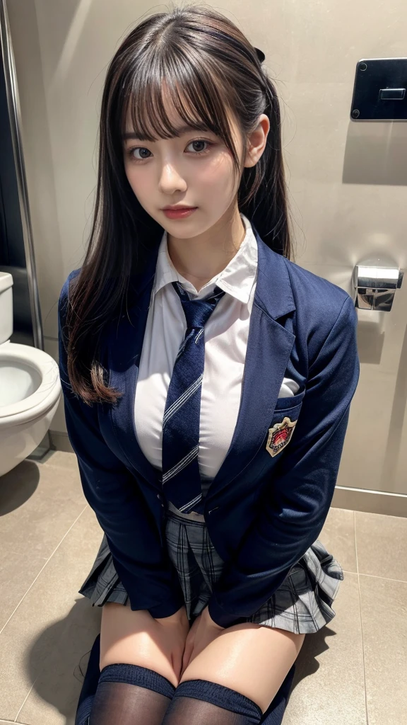 masterpiece, best quality, illustration, Super detailed, fine details, High resolution, 8K,wall paper, perfect dynamic composition,(Details High quality, realistic depiction of eyes:1.3), kneeling, Men's restroom at school, Toilet urinals lined up、High school girl uniform、blazer 、Super Short Check Uniform Skirt、Navy blue high socks、garterbelts、 large breasts, expresses the roundness and softness of your chest, Don't expose it、Disturbed uniform, ponytail, black hair color, Big Natural Color Lip, perfect body shape, crying a little、cold gaze, Harajuku style、20 year old girl、cute type, beautiful legs, Gravure Idol