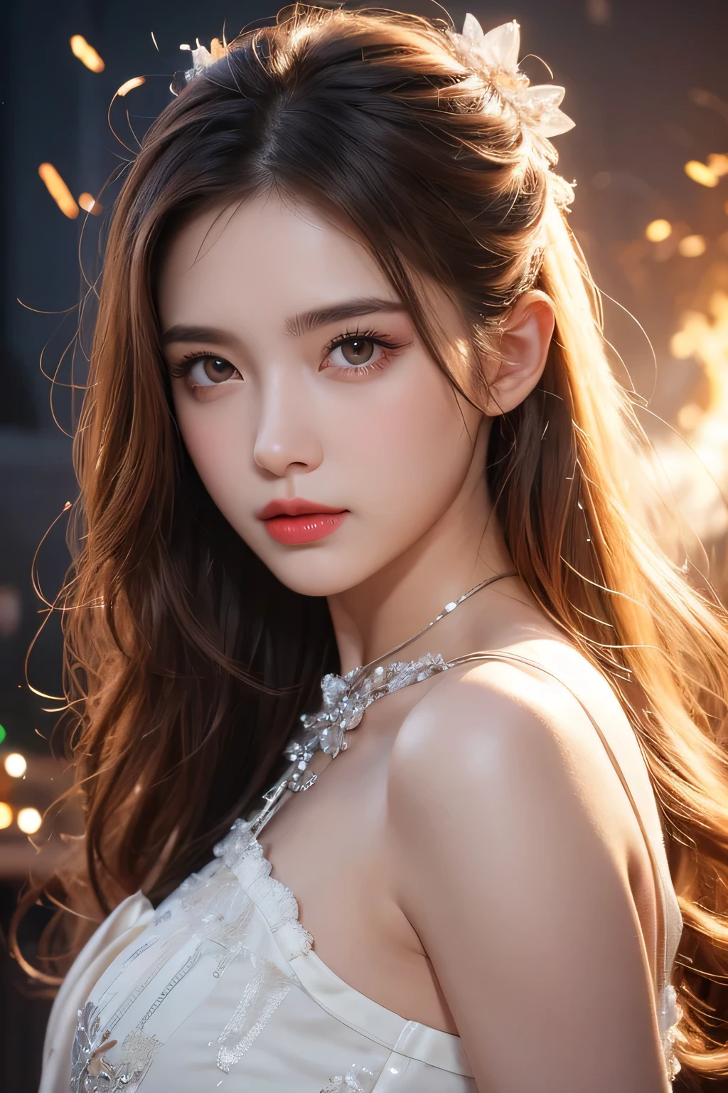 High-quality work，Realistic works，Super premium graphics，8K HD CG works，high quality graphics，High-definition and exquisite CG works，10x pixels，Ultra-fine details：1.1，Advanced technical details：1.1Realistic photo effects，Interior lighting effects：1.5，natural soft light：1.5. Light effect（Virtual light effects：1.8），Ultra-high resolution，shining dress，sliver long hair，silber hair，transparenthair，high detailed hair（Quality hair details：1.1）Clear eyes，Double eyelids look good，Sharp eye makeup, Create exquisite eyelash makeup, tthin eyebrows, Ultra-detailed eyes，a tall nose, lovely red lips, rosey cheeks, With delicate makeup on her face , pretty face, The face shape is perfectly proportioned,（Advanced facial details：1.1）On the battlefield of storms, A woman dressed in a Lolita outfit uses a weapon with the power of the fire element..(( Lightning danced next to her.)), It reflects the strength of her determination.，Because she embodies the power of nature&#39;s power in battle..official art, 8K wallpaper, very detailed, beautiful and aesthetic, beautiful, Masterpiece, best quality，(Focus on the thighs and up.)，Clear face，The eyes are detailed.，(wind，hair flying，Flow skirt)，，Women's artwork，Dress full body video，Reality，Amazing Cleavage，My eyes are very bright today
