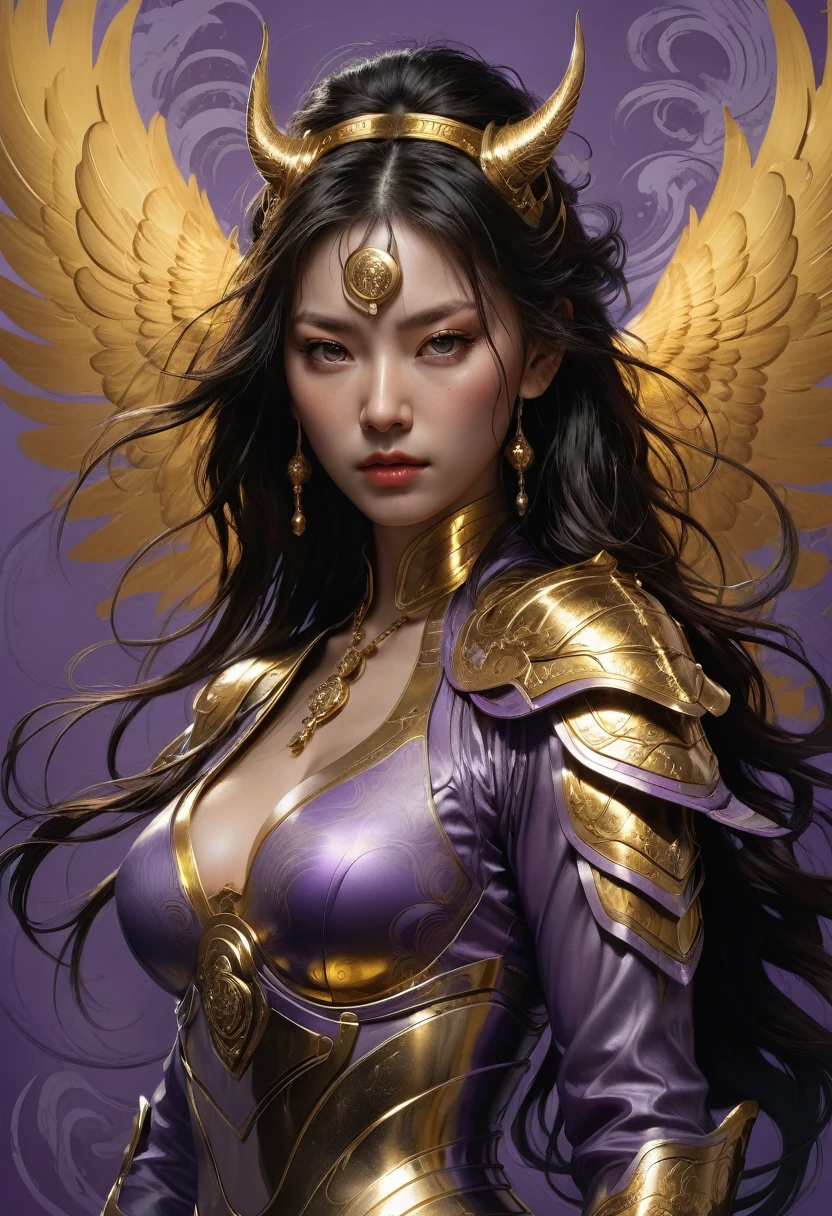 Tight Combat Suit, A angry eyes, mask Mortal combat, satin Tight body Suit, Samurai Warrior Woman, background is Giant Golden horse, a masterpiece, 8k resolution, dark fantasy concept art, by Greg Rutkowski, dynamic lighting, hyperdetailed, intricately detailed, Splash screen art, trending on Artstation, deep color, Unreal Engine, volumetric lighting, Alphonse Mucha, Jordan Grimmer, purple and yellow complementary colours