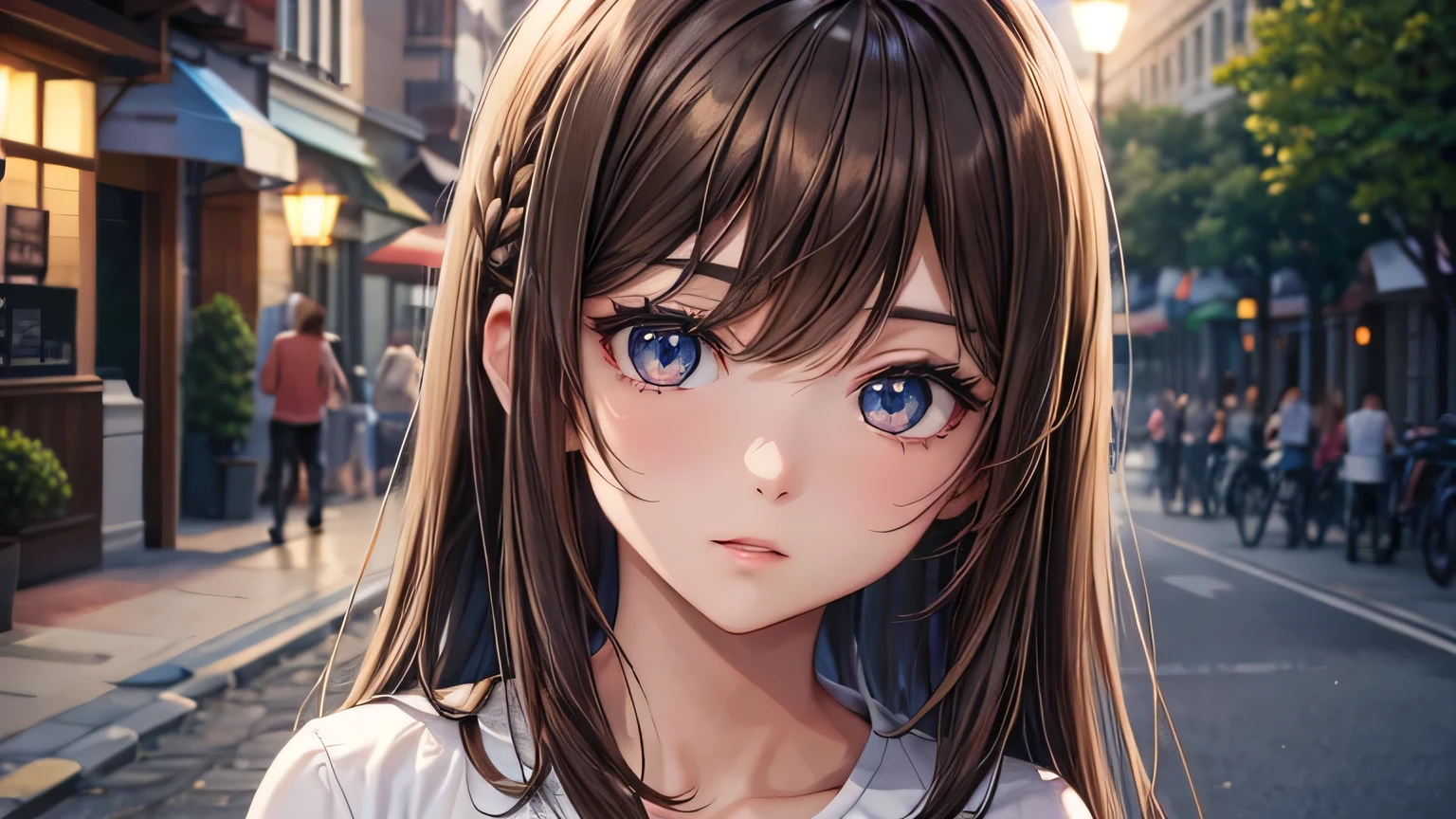 One woman : 1.3, Light brown hair: 1.2, , night: 1.2,night,Night Town: 1.1, Ultra-high resolution, Accurate, Super detailed, Textured skin, High detail, highest quality, 8k,Thin bangs,Upper Body,Well-drawn eyes, Focus on the face,Oversized shirt,Detailed hair depiction,Detailed depiction of eyes、Detailed depiction of hair、Street lamp、