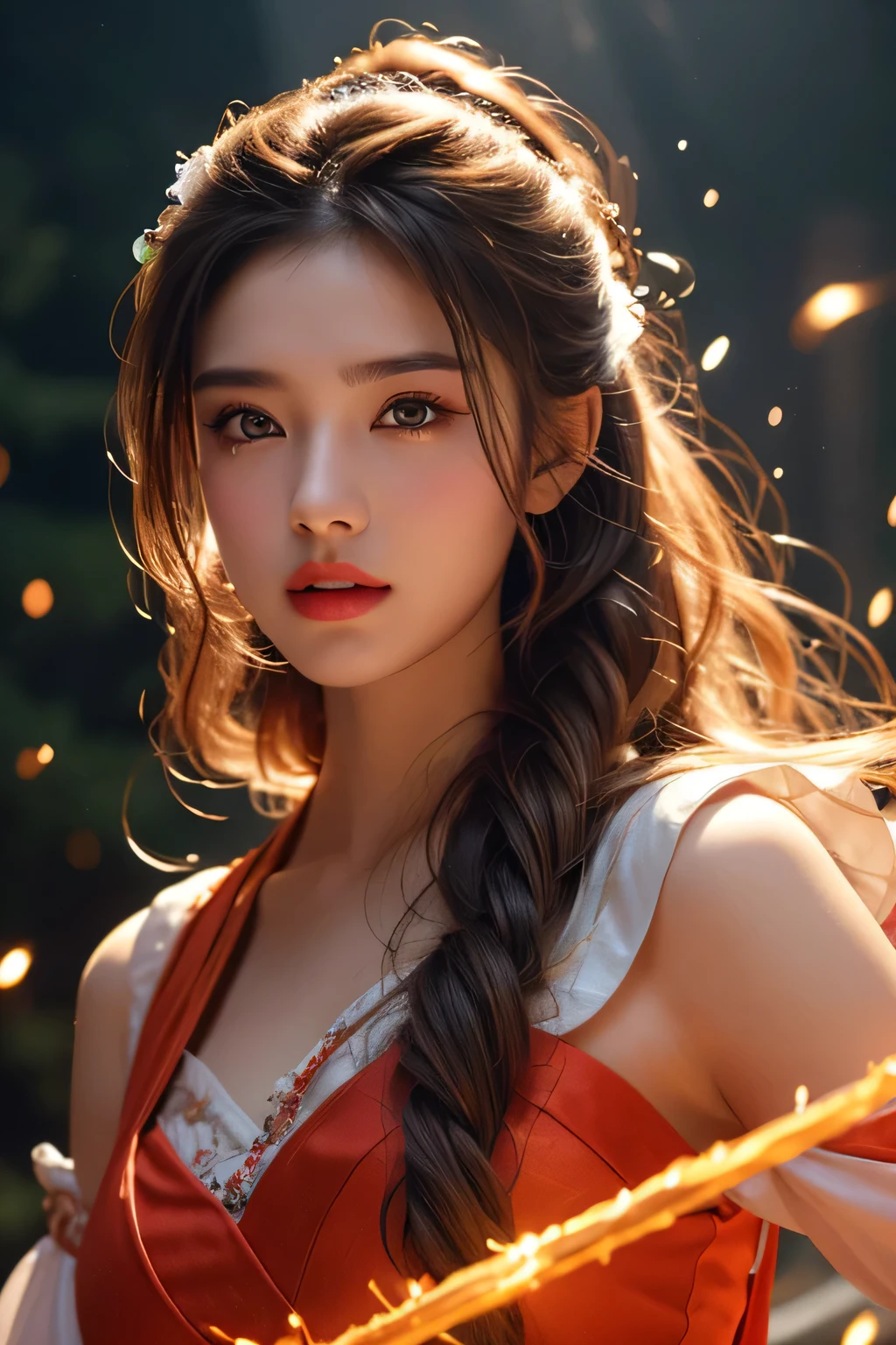 High-quality work,Realistic works,Super premium graphics,8K HD CG works,high quality graphics,High-definition and exquisite CG works,10x pixels,Ultra-fine details:1.1,Advanced technical details:1.1Realistic photo effects,Interior lighting effects:1.5,natural soft light:1.5. Light effect(Virtual light effects:1.8),Ultra-high resolution,shining dress,sliver long hair,silber hair,transparenthair,high detailed hair(Quality hair details:1.1)Clear eyes,Double eyelids look good,Sharp eye makeup, Create exquisite eyelash makeup, tthin eyebrows, Ultra-detailed eyes,a tall nose, lovely red lips, rosey cheeks, With delicate makeup on her face , pretty face, The face shape is perfectly proportioned,(Advanced facial details:1.1)On the battlefield of storms, A woman dressed in a Lolita outfit uses a weapon with the power of the fire element..(( Lightning danced next to her.)), It reflects the strength of her determination.,Because she embodies the power of nature's power in battle..official art, 8K wallpaper, very detailed, beautiful and aesthetic, beautiful, Masterpiece, best quality,(Focus on the thighs and up.),Clear face,The eyes are detailed.,(wind,hair flying,Flow skirt),,Women's artwork,Dress full body video,Reality,Amazing Cleavage,My eyes are very bright today