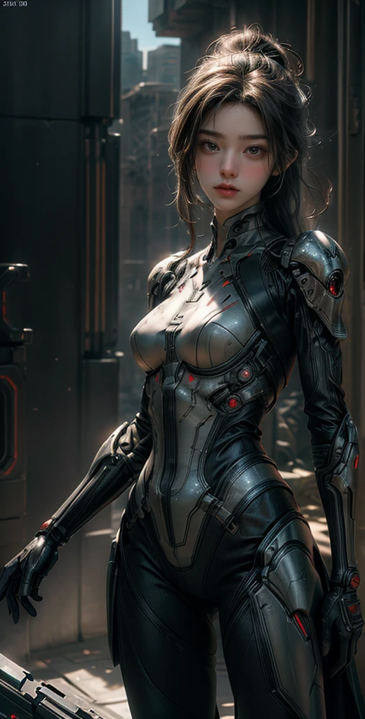 ((masterpiece, highest quality, Highest image quality, High resolution, photorealistic, Raw photo, 8K)), Ultra Wide Angle, Alien Landscap, A female stands next to an Alafedro robot on top of a hill, influenced by Stefan Koidl's background of discarded mechas. The art created by Craig Mullins, specifically in the style of Craig Mullins' Necro, portrays a detailed and futuristic science fiction scene. The emphasis is on SF concept art, with vivid colors and sharp focus. The overall lighting captures the essence of concept art in films,