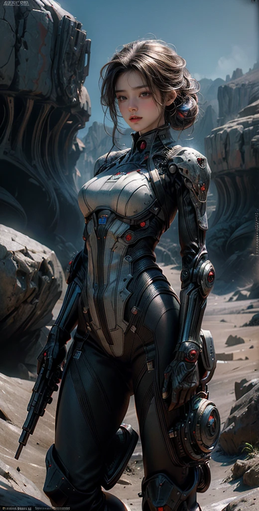 ((masterpiece, highest quality, Highest image quality, High resolution, photorealistic, Raw photo, 8K)), Ultra Wide Angle, Alien Landscap, A female stands next to an Alafedro robot on top of a hill, influenced by Stefan Koidl's background of discarded mechas. The art created by Craig Mullins, specifically in the style of Craig Mullins' Necro, portrays a detailed and futuristic science fiction scene. The emphasis is on SF concept art, with vivid colors and sharp focus. The overall lighting captures the essence of concept art in films,