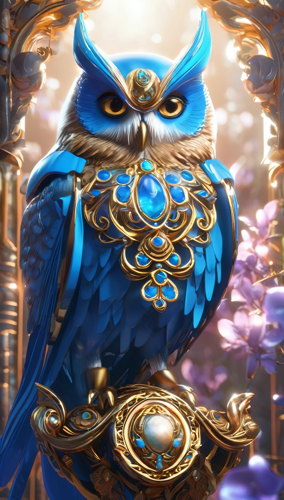 Blue eyed owl illustration, Unreal Engine Rendering + goddess, Very detailed , B Global Illumination, Exquisite and gorgeous jewelry, Top Trends on cgisociety, Motion Graphics, rossdraws Global Illumination, CG Association